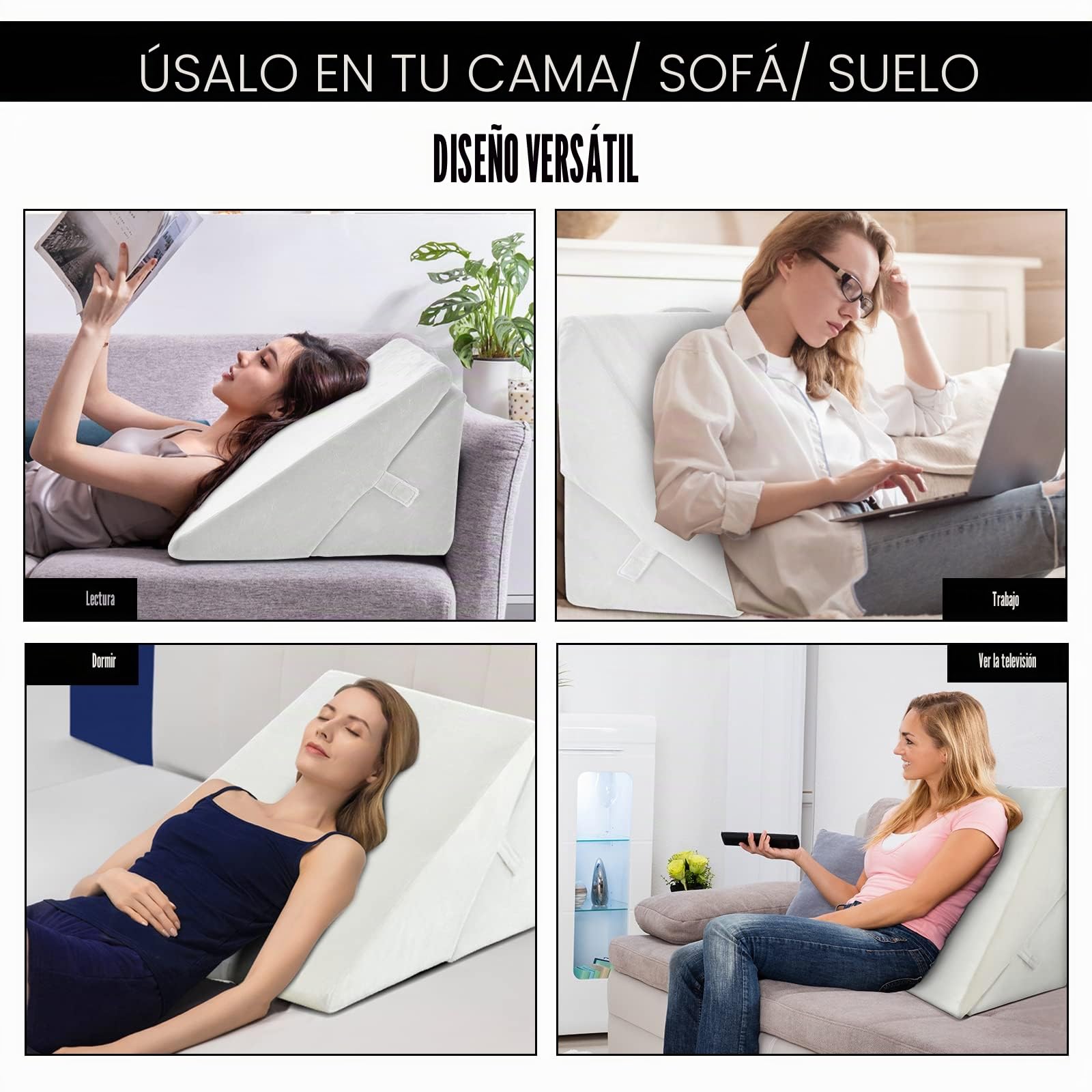LIFEZEAL Almohada Triangular de Lectura, Cojín de Espuma viscoelástica Ajustable y Plegable para la Espalda, para Coche, Cama, sofá, cojín ortopédico con Funda extraíble y Lavable (Blanco)