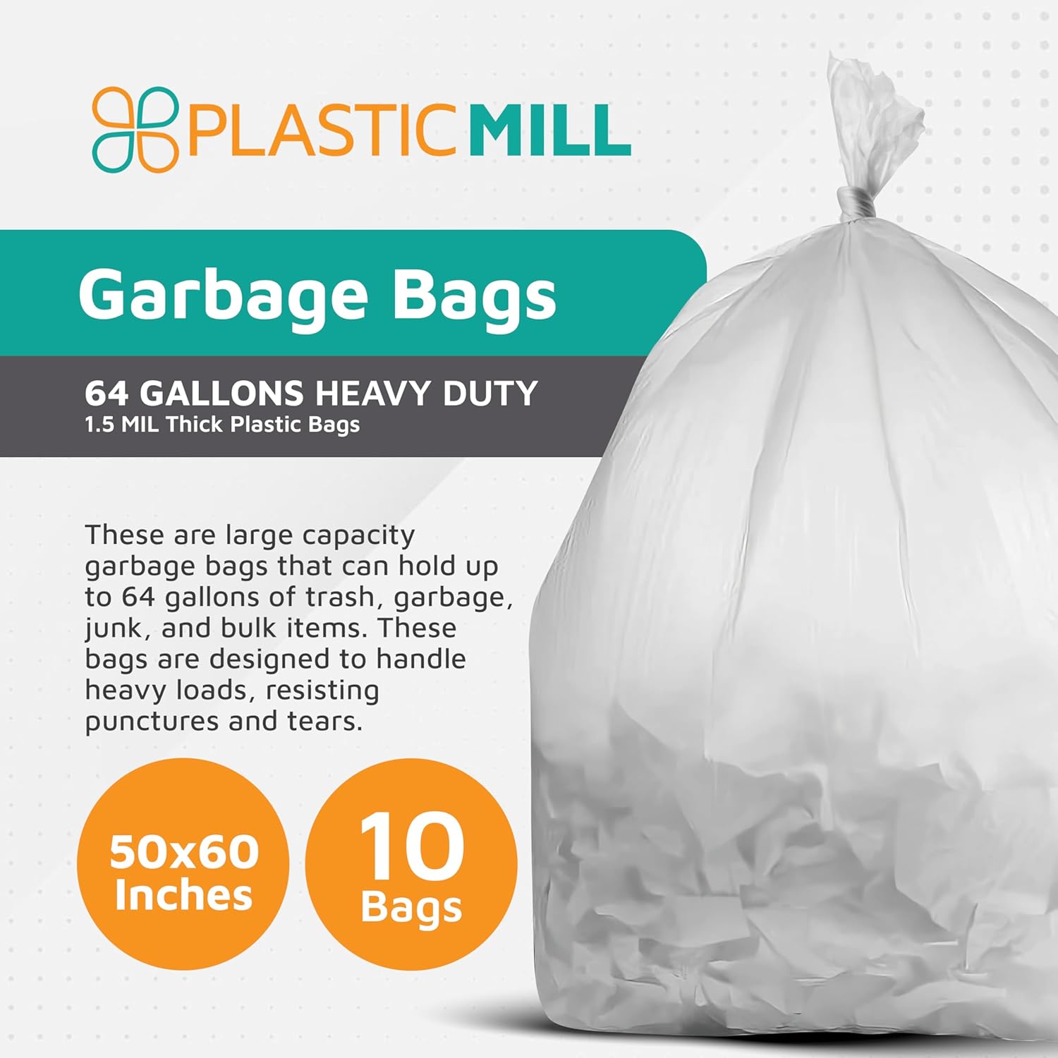 PlasticMill Heavy Duty Trash Bags - Clear Garbage Bags - Plastic Trash Bags - Tall Trash Bags, Trash Can Liners - 64-Gallon Large Kitchen Trash Bags, 1.5 Mil, 50"x60" (10-Count)