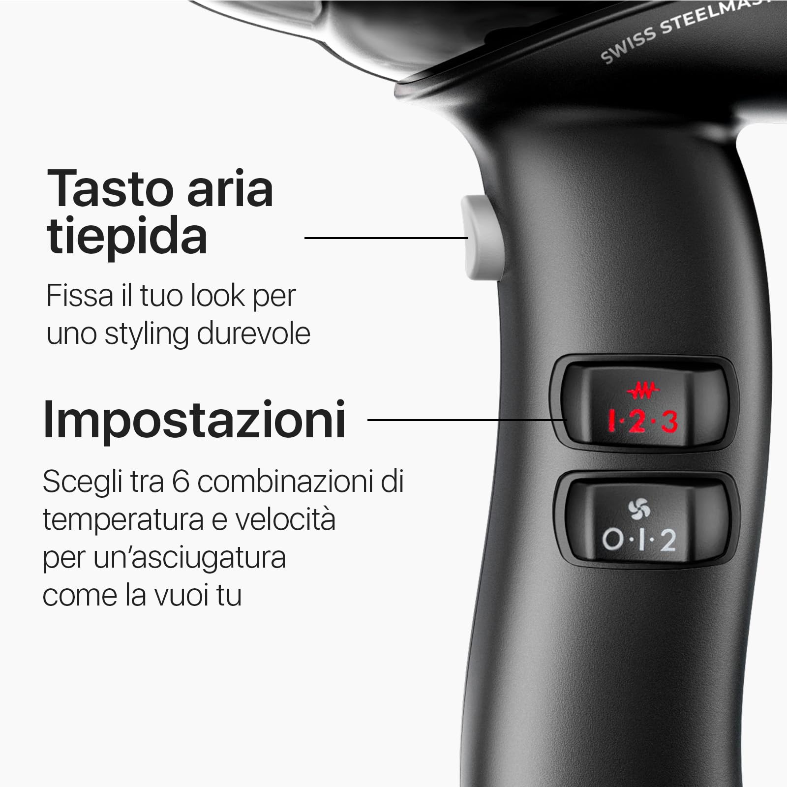 Valera, Swiss Steel Master Light, Asciugacapelli Professionale in Acciaio Cromato, Phon Leggero con Potente Motore, 3 Livelli di Temperatura, Ionizzatore, 2000 W