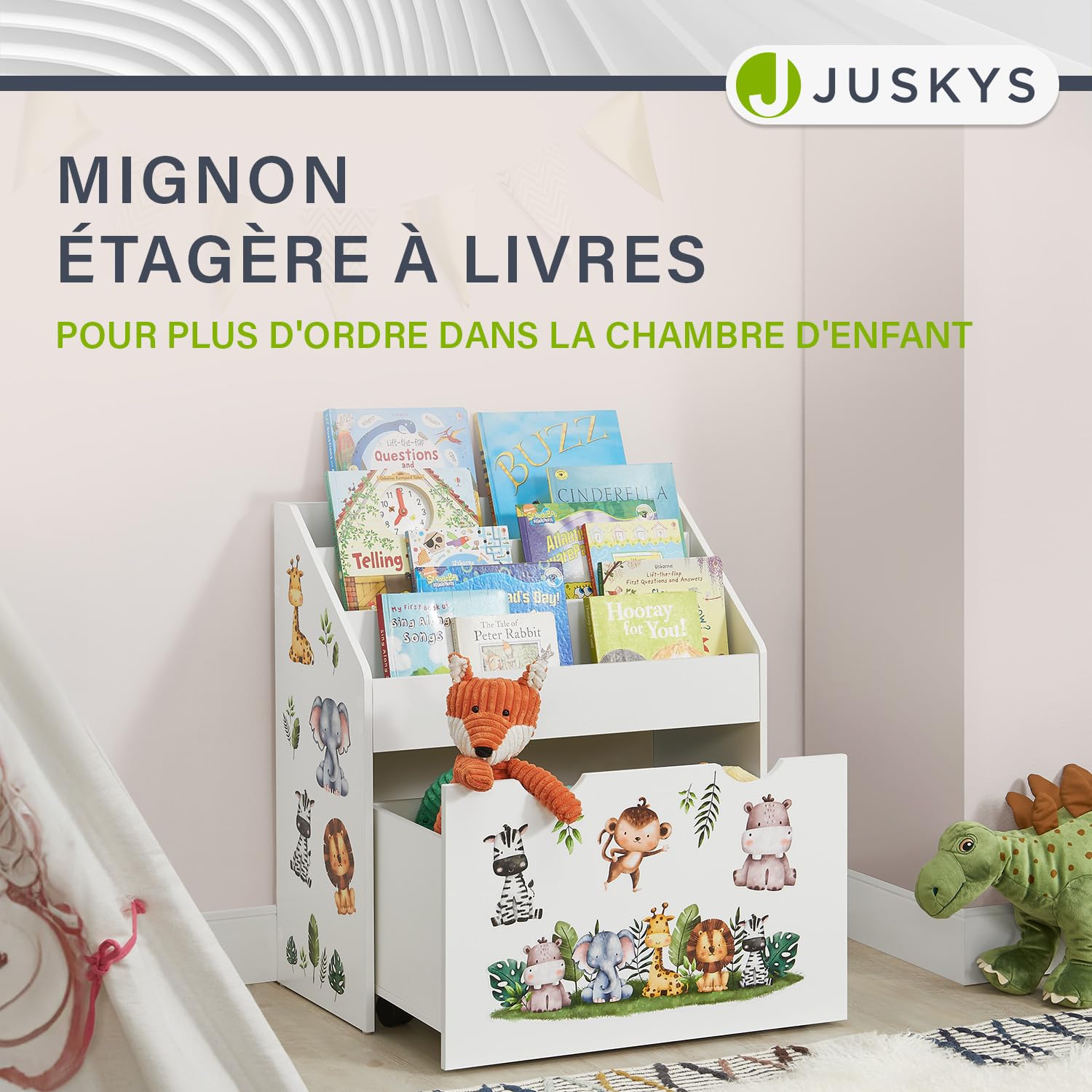 Juskys Bibliothèque pour Enfants avec 3 Compartiments et Coffre à Jouets – Étagère en Bois Blanc – 63 x 30 x 70 cm lPL – Rangement pour Livres et Jouets dans la Chambre d'enfant
