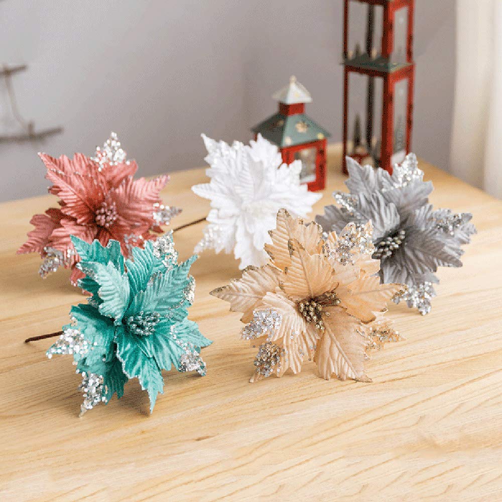 Paquete de 6 púas de flores de Pascua con purpurina, 9.8 pulgadas de terciopelo artificial con purpurina de Pascua, adornos de flores de Navidad, decoraciones for árboles de Navidad for fiestas navide