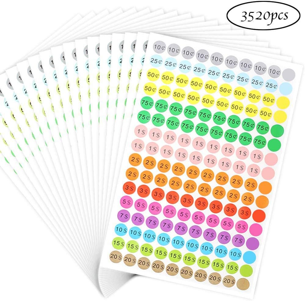 3520pcs Price Stickers Garage Sale Price Stickers, 0.75 Inch Preprinted Pricing Labels in Bright Colors