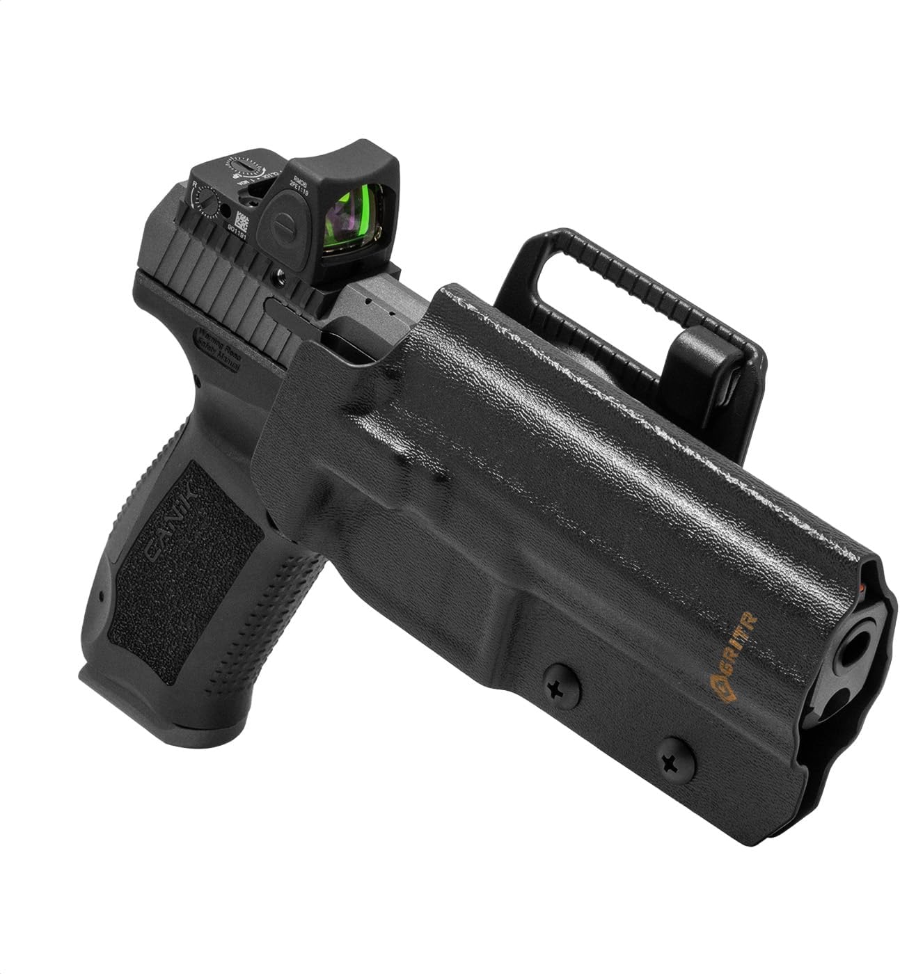 GRITR OWB Kydex RH/LH Gun Holster Fits Canik TP9/METE/RIVAL Series - Excluding MC9 Models - EDC Pistol Accessory w/Optic Cut, Adjustable Retention & Cant, Compatible w/Safariland QLS/G-Code RTI