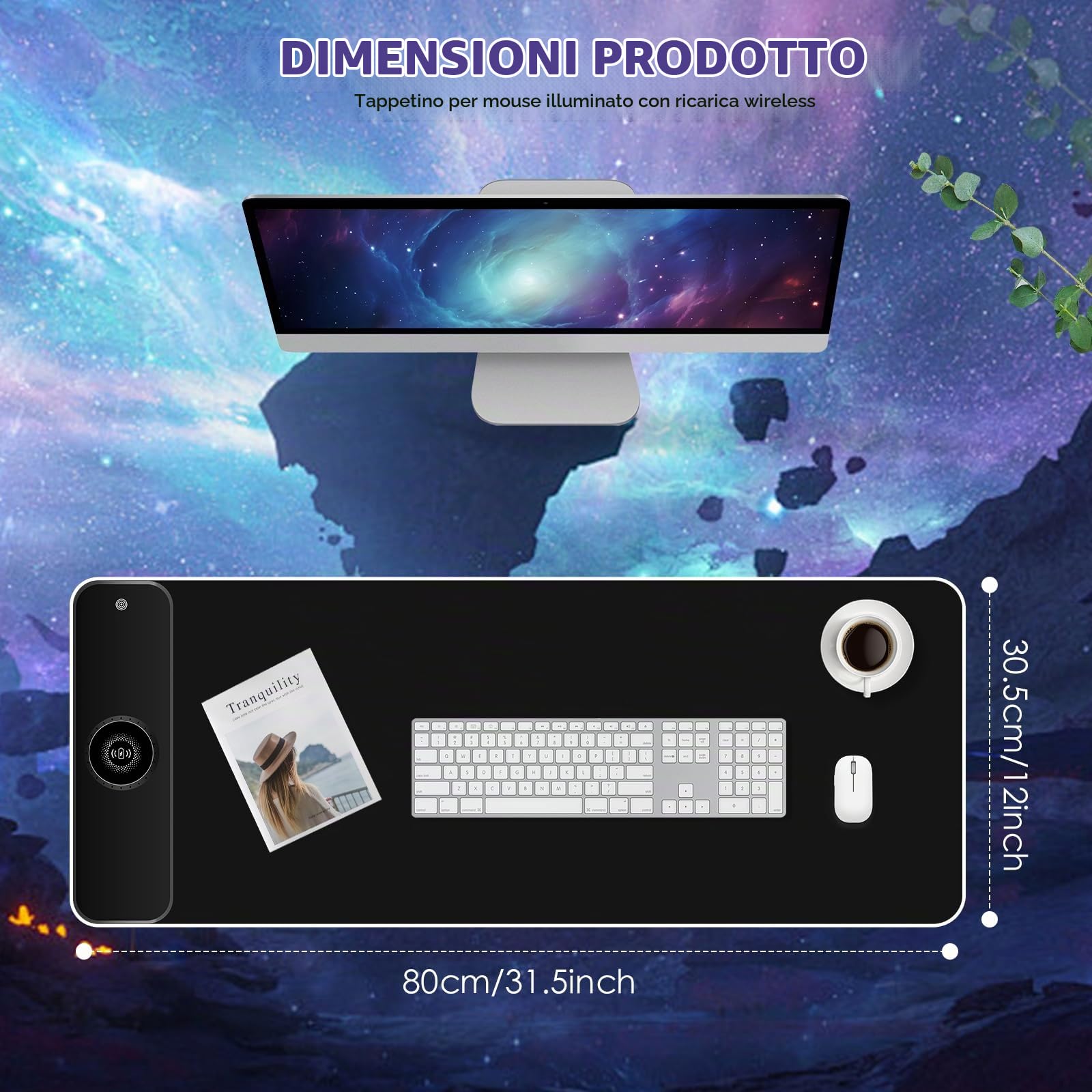 Tappetini per Mouse Grandi, Tappetino Mouse Gaming RGB con Ricarica Wireless da 15W, 800 x 300 MM, 10 Modalità di Illuminazione, Mouse Pad xxl per Tastiera, PC e Scrivania, Nero