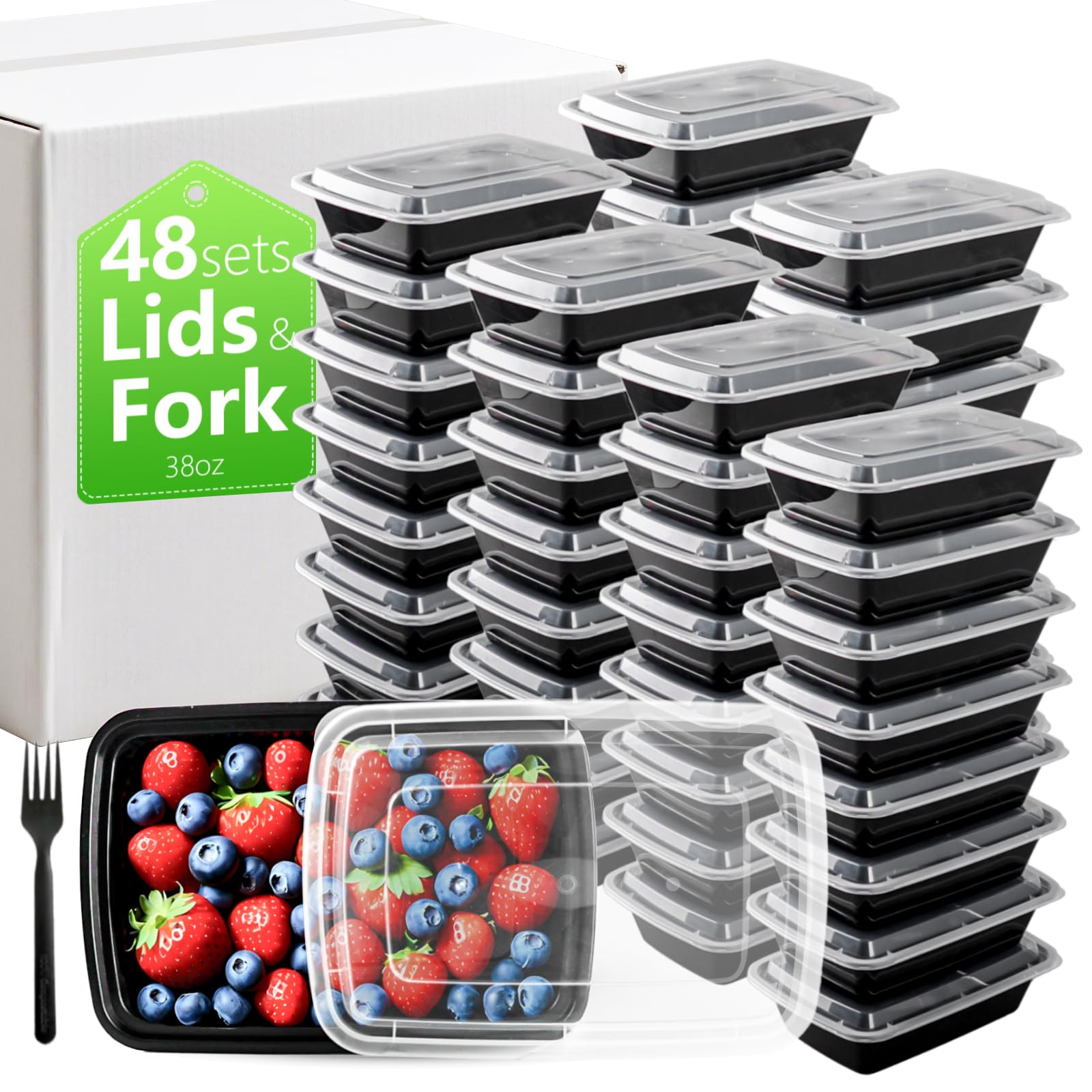 Paquete de 48 recipientes (144 piezas) para preparación de comidas con tapas y tenedores, a prueba de fugas, apilables, reutilizables, contenedor de almacenamiento de alimentos, apto para microondas,