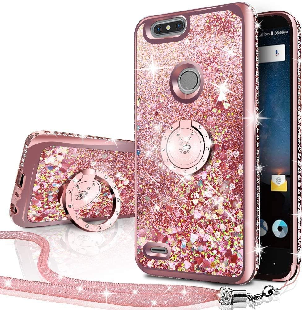 Silverback ZTE Blade Z Max Case, ZTE Blade Zmax Pro 2 Case, ZTE Sequoia Case, Girls Women Moving Liquid Holographic Glitter Case with Ring Stand Bling Case for ZTE Z982 -Rose Gold W
