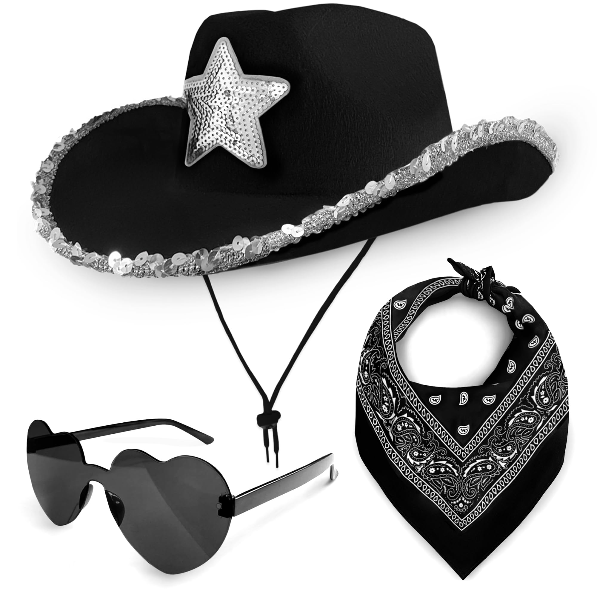 Cowboy Hat 3 Piece Set for Women & Men (Black Hat with Sequin Star, Black Paisley Bandana & Heart Sunglasses) Cowgirl Costume Accessories for Fancy Dress Festivals