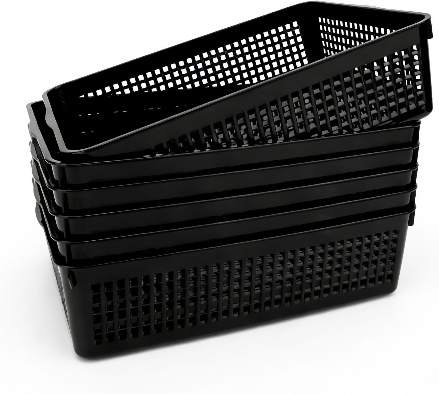A4 Size Plastic Storage Basket, Desktop File and Paper Letter Organizer Tray with Divider, Set of 6 in Classic Black for Office Supplies