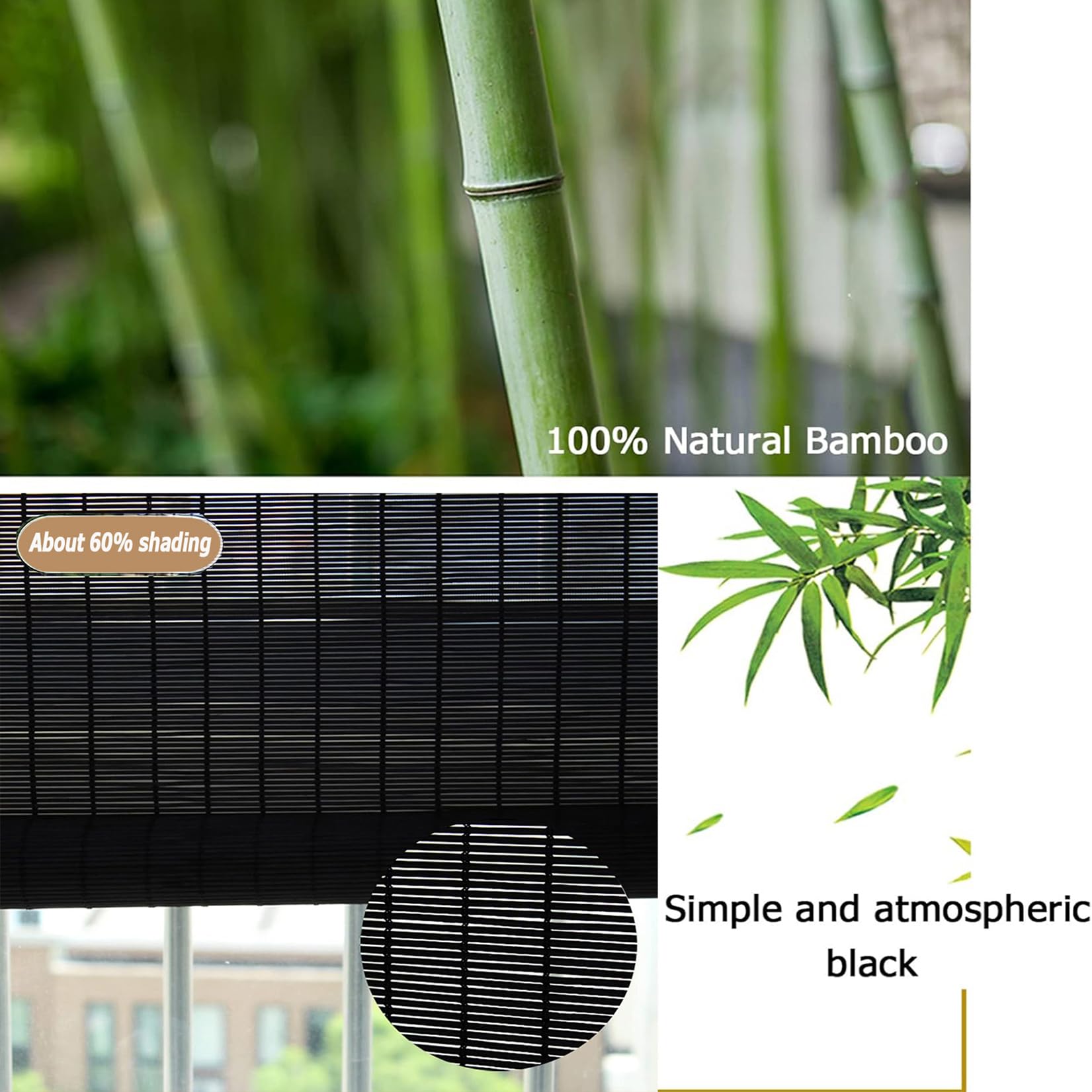110x150cm Store Enrouleur Exterieur Noir Rideaux Enroulables en Bambou Naturel,Stores à Rouleau en Bambou pour Fenêtre et Porte,Protection Solaire, Tirage Latéral, Occultant,Respirant
