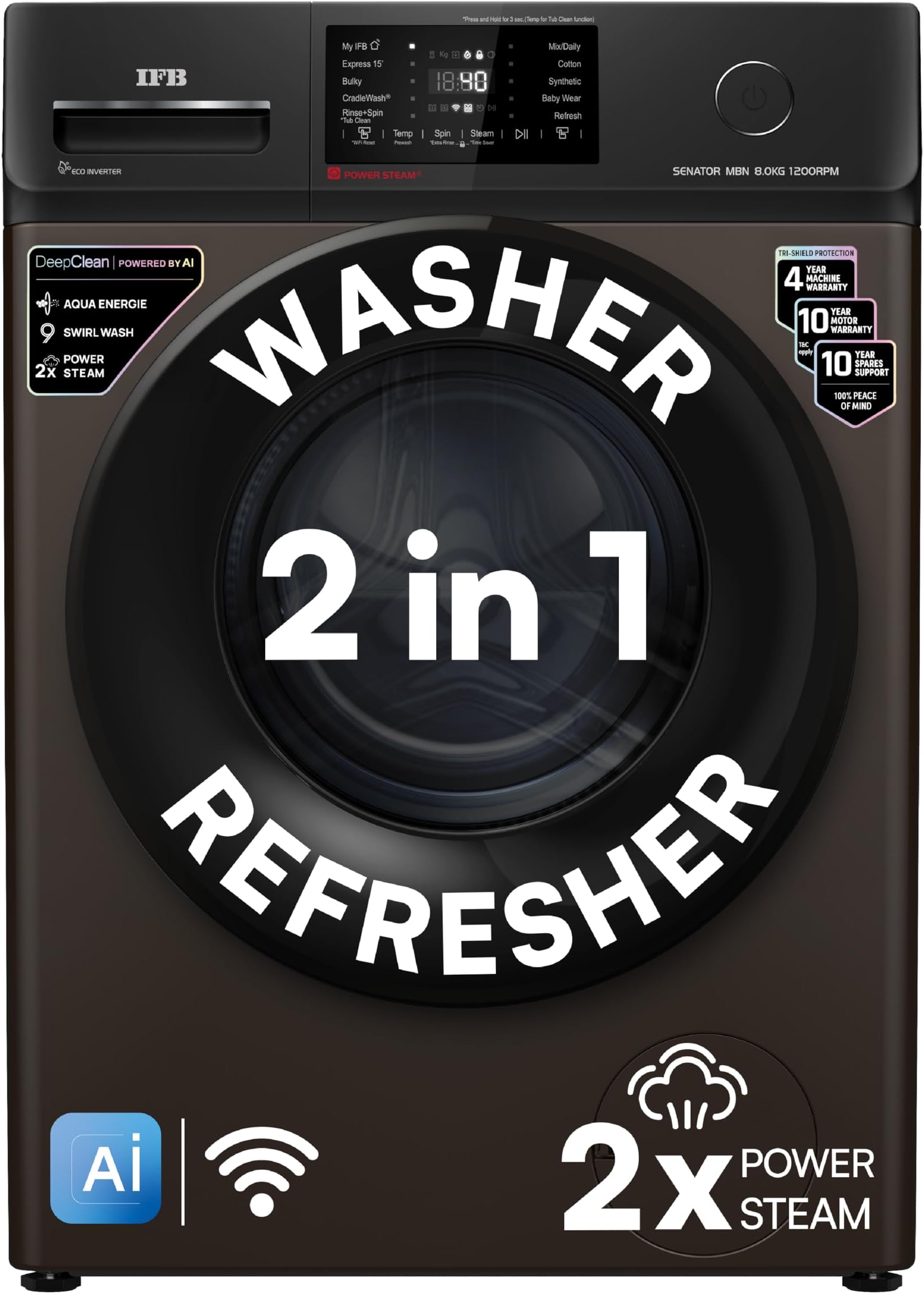IFB 8 Kg 5 Star, DeepCleanยฎ Technology, AI Powered, WiFi, Fully Automatic Front Load Washing Machine (SENATOR MBN 8012 CMS, PowerSteamยฎ, 9 Swirl, Steam Refresh, Inbuilt Heater, Eco Inverter, Mocha)