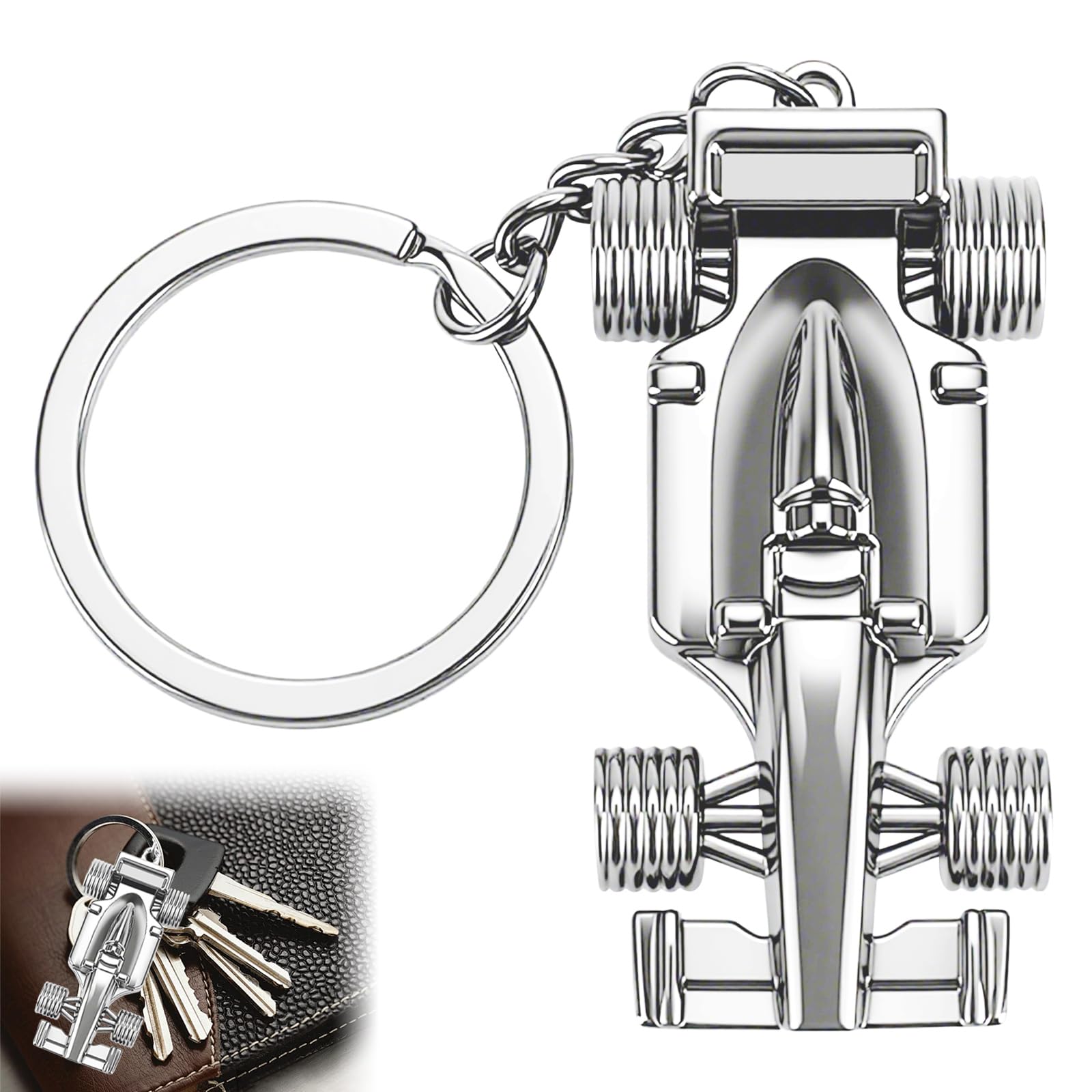 Racing Car Keyring,Formula 1 Metal Key Chain,Car Plate Keyrings Keychain,Chrome Finish F1 Keychain for Cars Keys,Key Ring Accessory Racing Metal Keyring Gifts for Boy,Man,Woman,Cars Fanatics (Silver)