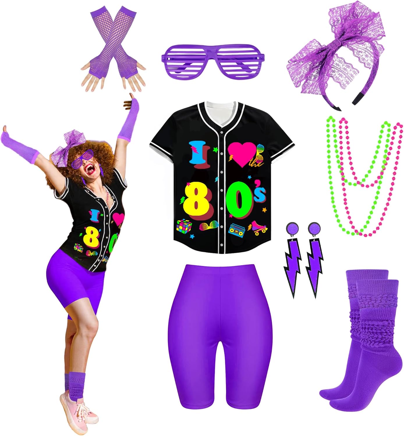 80s 90s Outfit for Women 80s Accessories Set Baseball Jersey Shirt neon Shorts Slouch Socks Headband