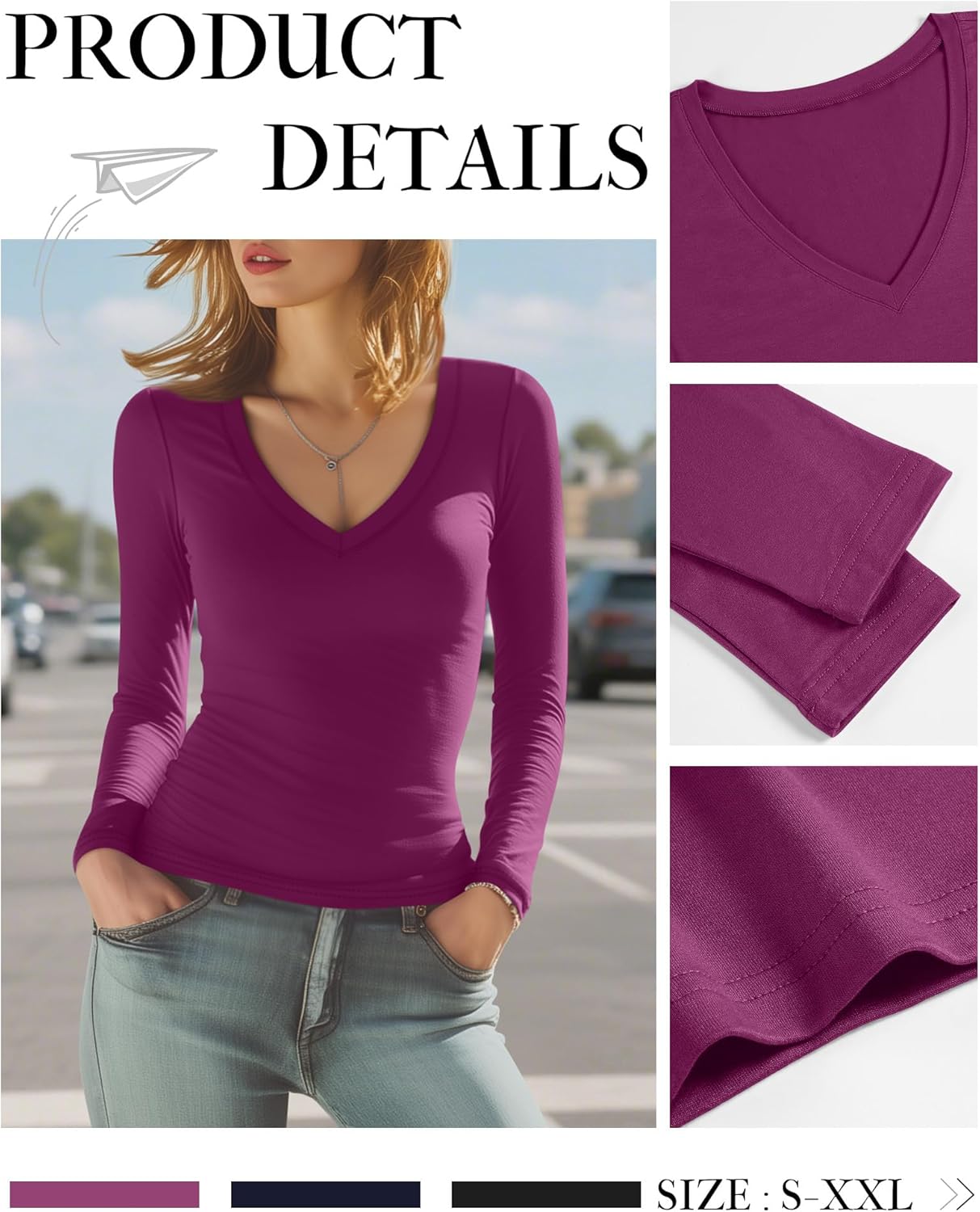 Huukeay 3 Pack Women's Deep V Neck T-Shirts, Long Sleeve Tee Cotton Slim Fitted Tops Casual Fall Basic Tight Tee Shirts(Black, Navy Blue, Fuchsia,Medium) - Image 5