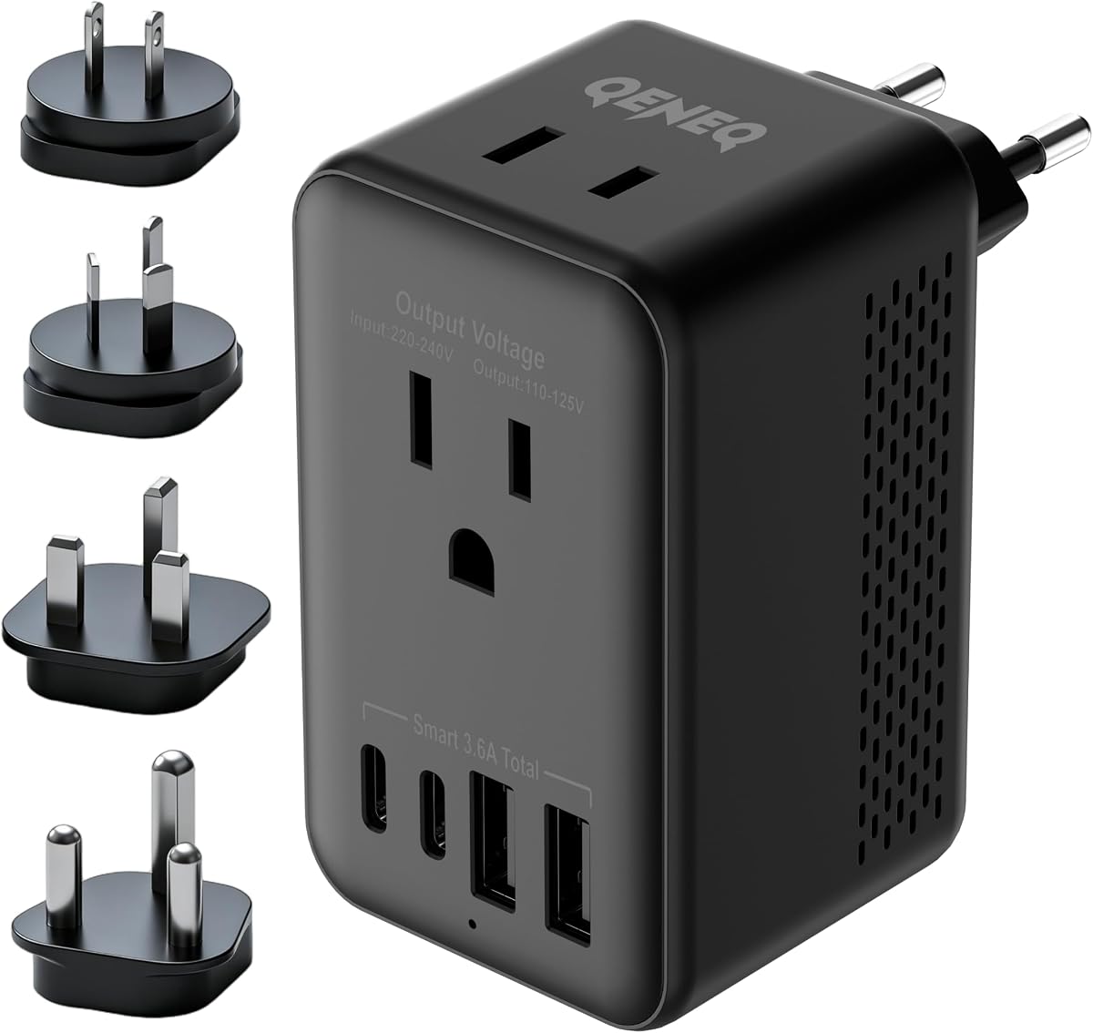 Travel Adapter Voltage Converter US to Europe Power Adapter Step Down Transformer 220V to 110V with 2 USB A 2 USB C & UK/AU/US/EU/ South Africa for Hair Dryer (Black)