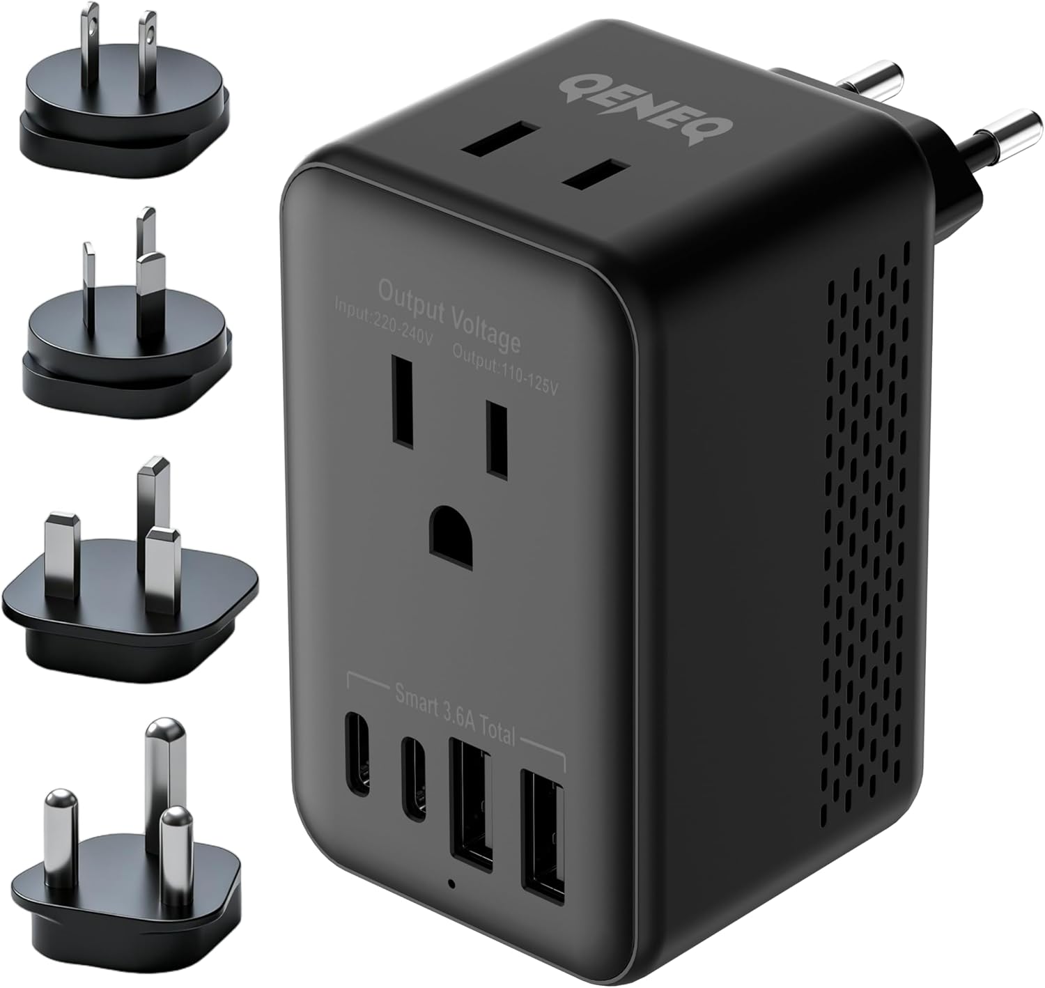 Travel Adapter Voltage Converter US to Europe Power Adapter Step Down Transformer 220V to 110V with 2 USB A 2 USB C & UK/AU/US/EU/﻿South Africa for Hair Dryer (Black)