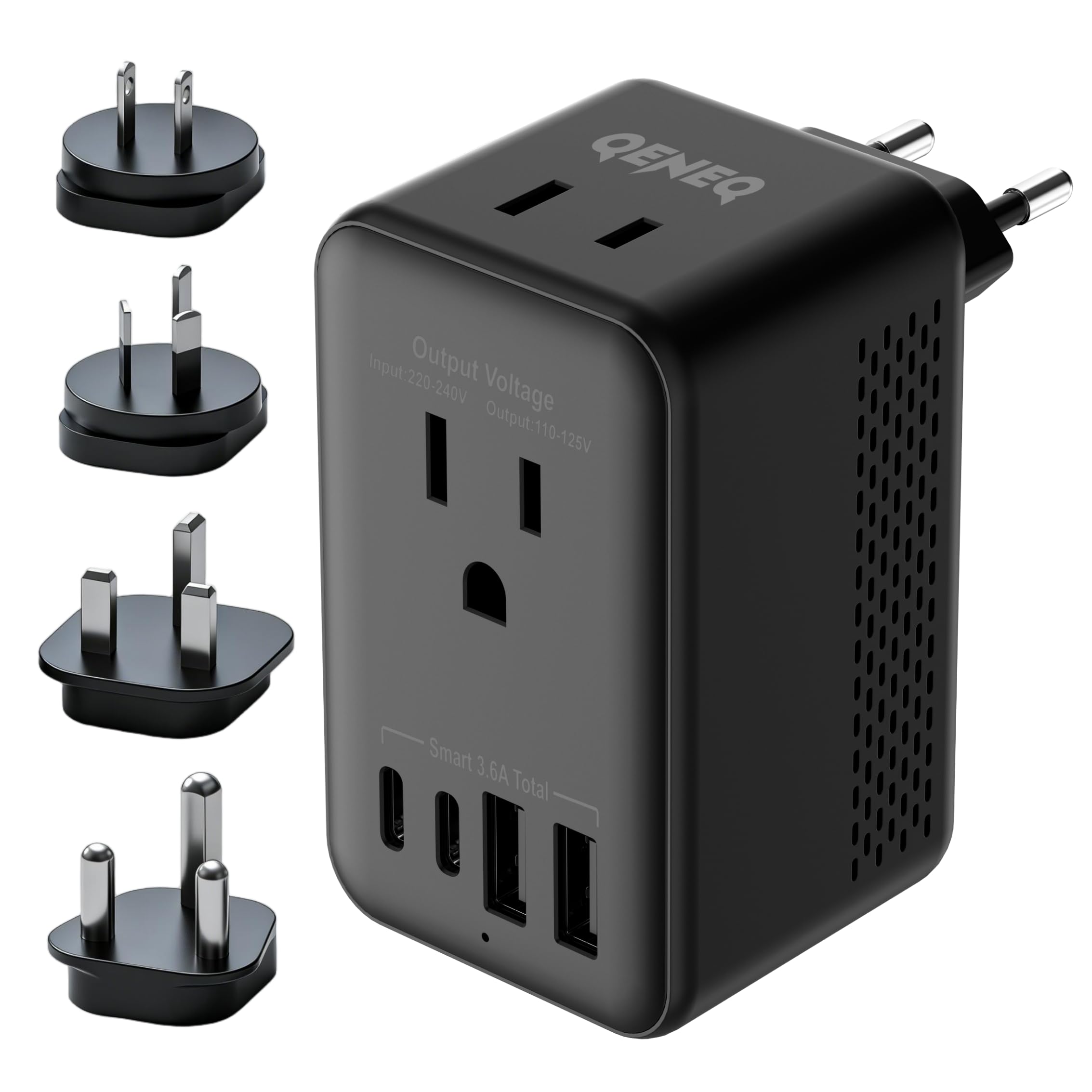 220v to 110v Converter Travel Voltage Converter European Travel Plug Adapter with USB Charging Ports Type C Travel Essentials AC Outlet Plugs for UK US EU AU South Africa for Hair Dryer (Black)