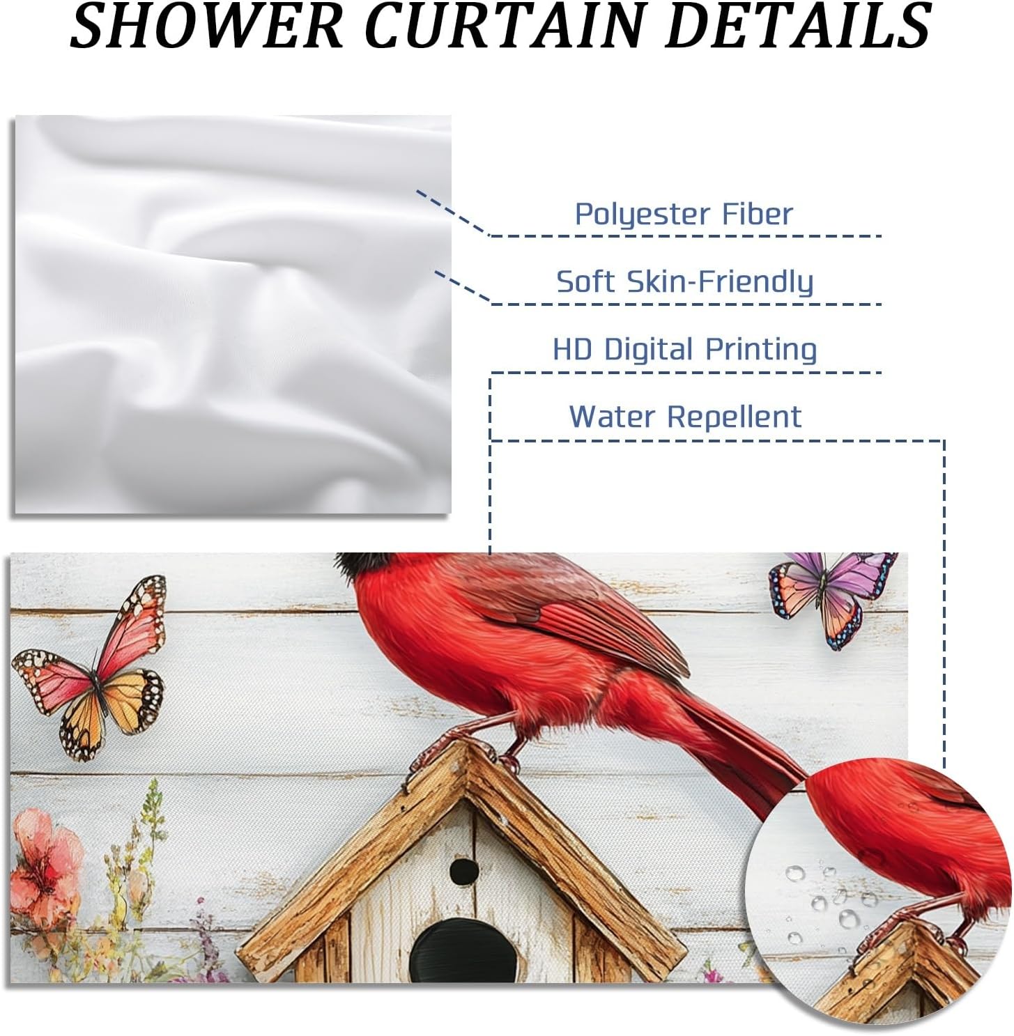 Spring Cardinal Bird Shower Curtain Set 72''x78'' with Hooks, Floral Wood Birdhouse Print Bathroom Decor, Animal Bath Decorative Polyester Fabric