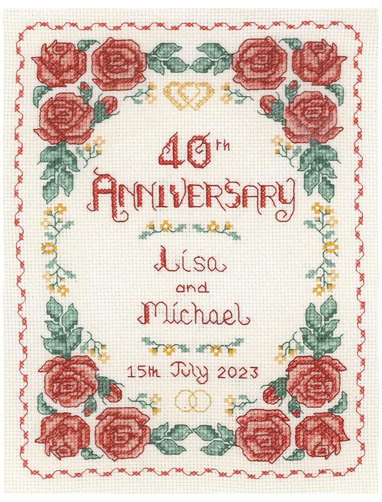 Lifetime Samplers & Decorative TextilesRoses Ruby Wedding Anniversary Sampler - Complete Cross Stitch kit on 14 aida with Clear Colour Chart