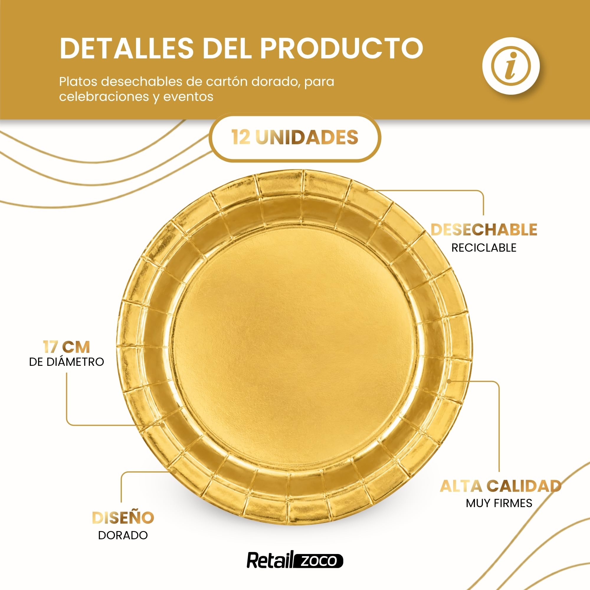 Platos de cartón, Platos Desechables cartón, Diseño Dorado, 12 Unidades - imagen 2