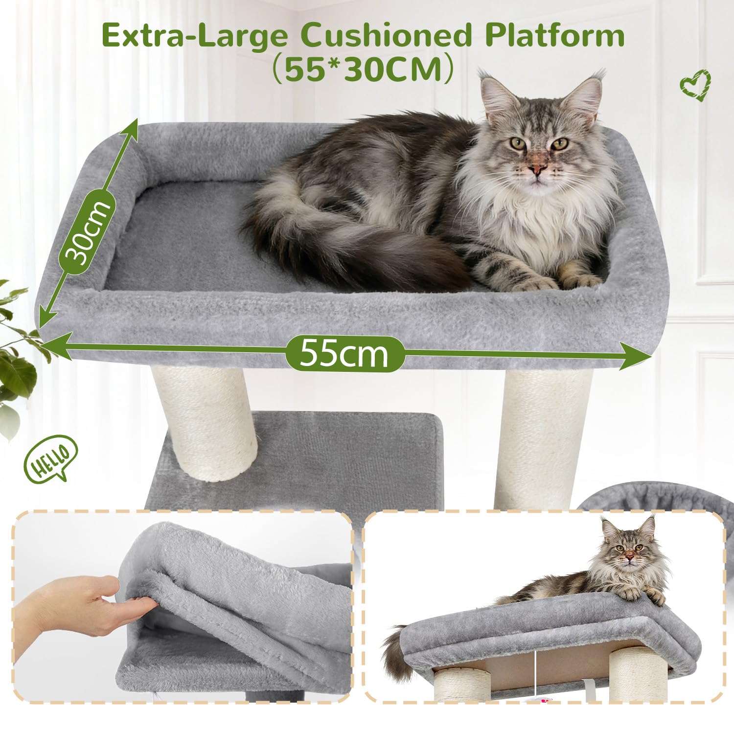 Globlazer Arbre a Chat Gros Poteaux 11 cm, Arbres à Chats XXL Maine Coon avec 2 Spacieuse Niches, Plateforme Rembourrée, Rampe en Sisal, Stable Arbre à Chat 170 cm pour Gros Chat (S67, Gris Clair) - 4