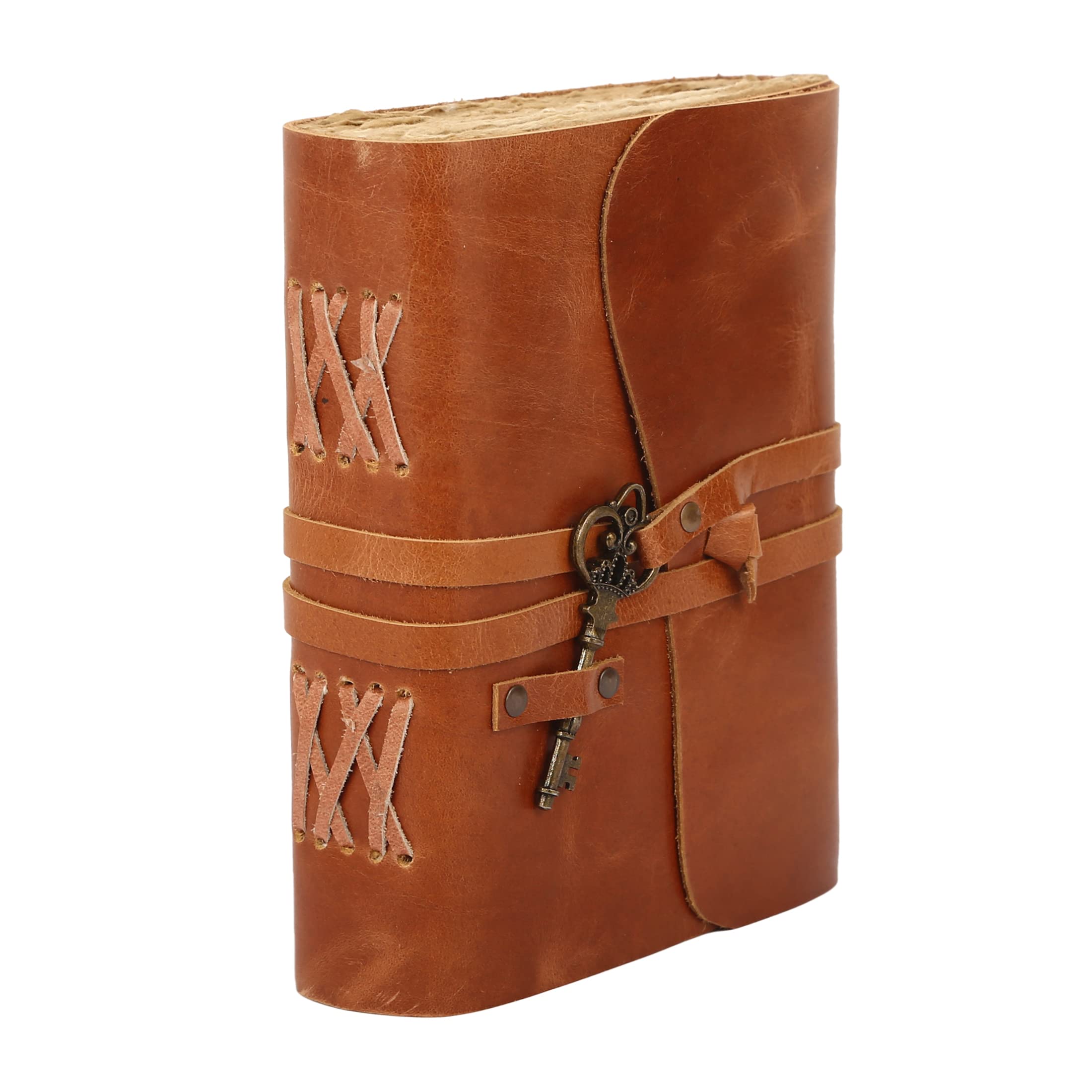 Handmade Vintage Leather Journal - 7x5" With Deckle Edge Paper & Locking Key - View #2
