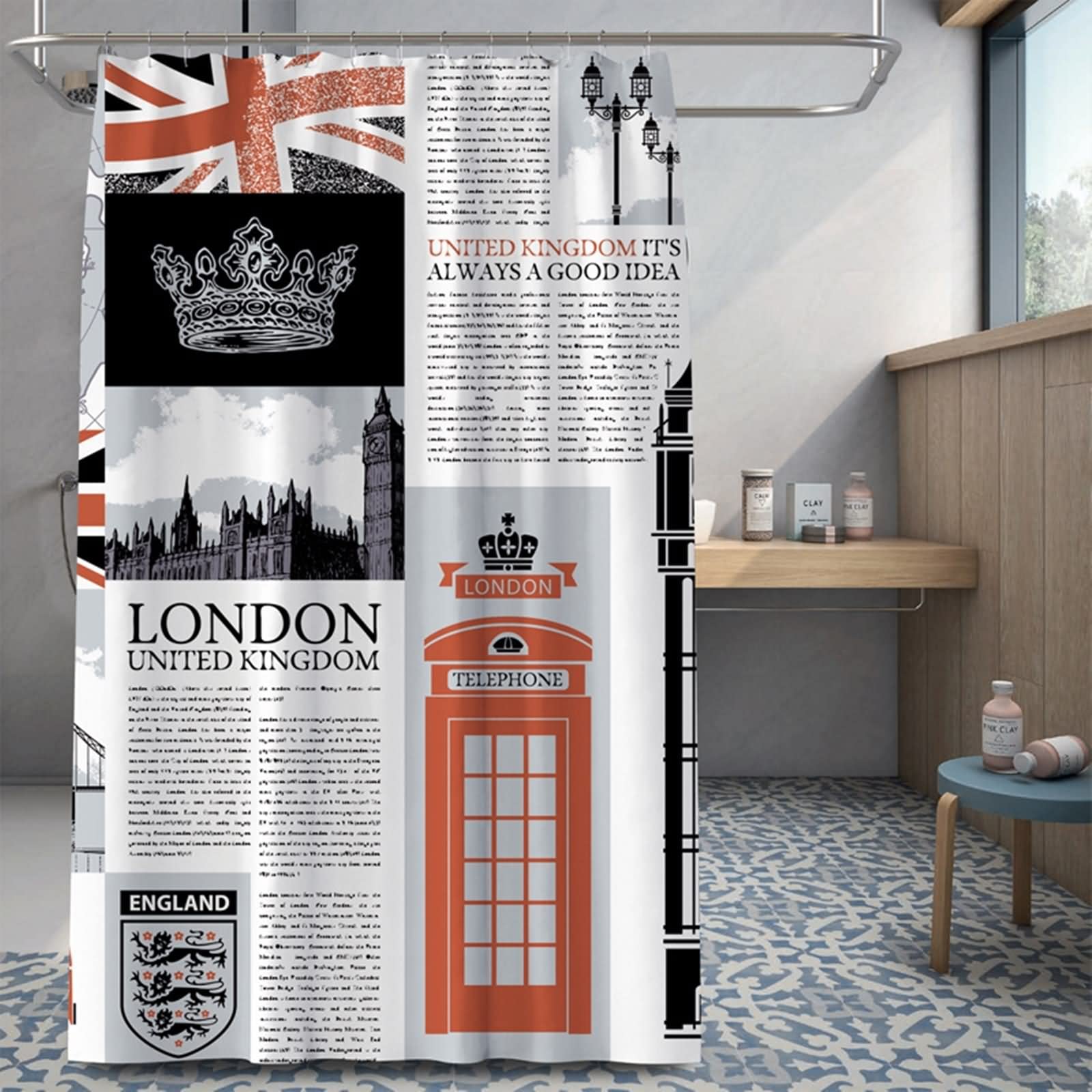 Shower Curtains Long, Duschvorhang Moder Englische Zeitung Mehrfarbig Polyester 200X180cm Badezimmerzubehör