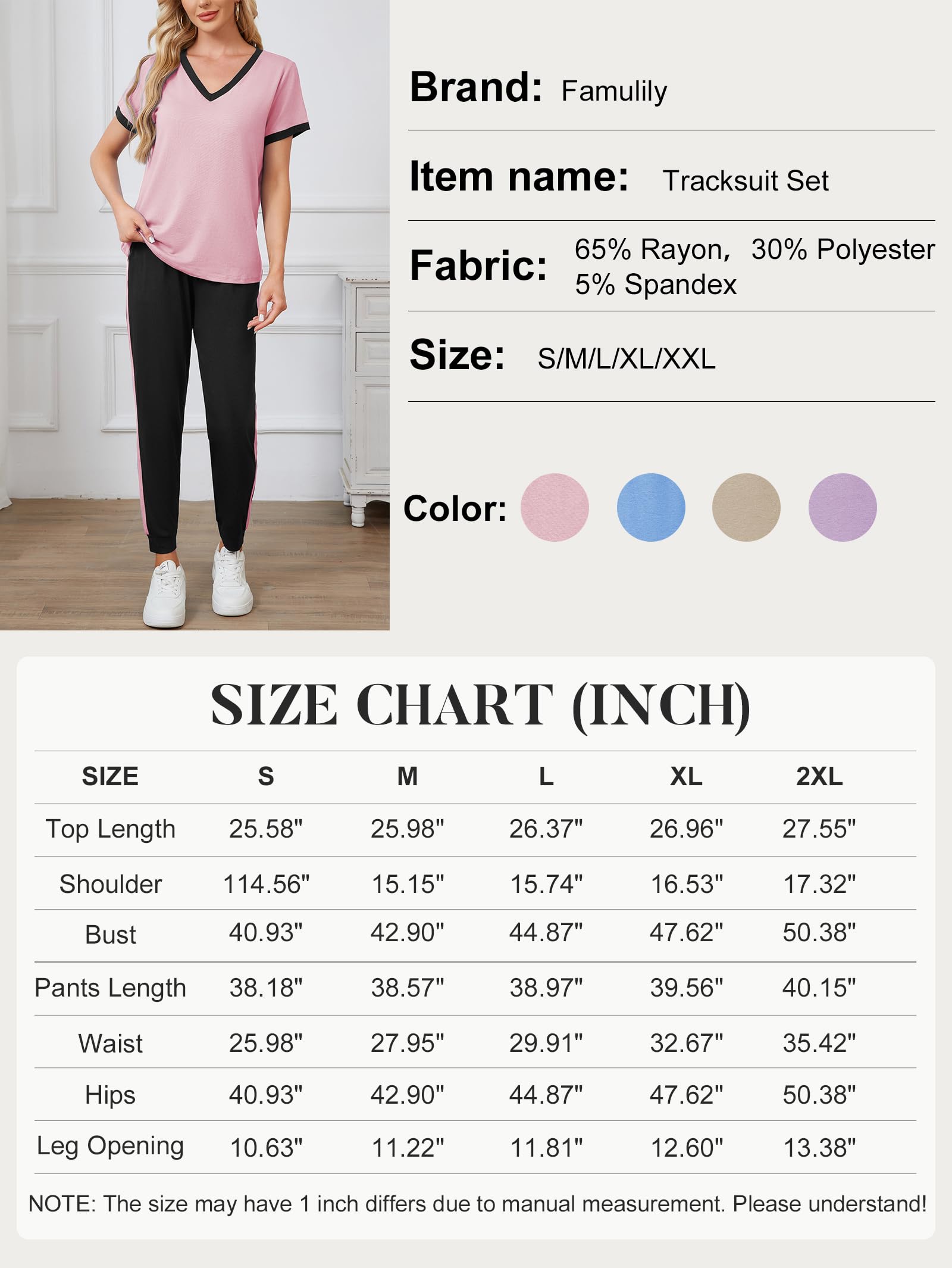 Famulily Survêtement d'été 2 pièces à col en V pour femme avec haut à manches courtes et pantalon de jogging à rayures, tailles S à XXL