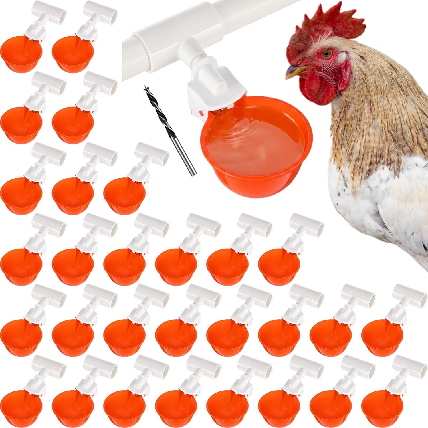 LemonRoad 30 Set Automatic Chicken Waterer Cups with 1/2" PVC Tee Fitting Chicken Drinking Bowl, Poultry Drinker Mounting Hole Opener,Water Dispenser Feeder for Duck, Goose, Turkey, Pigeon(Red)