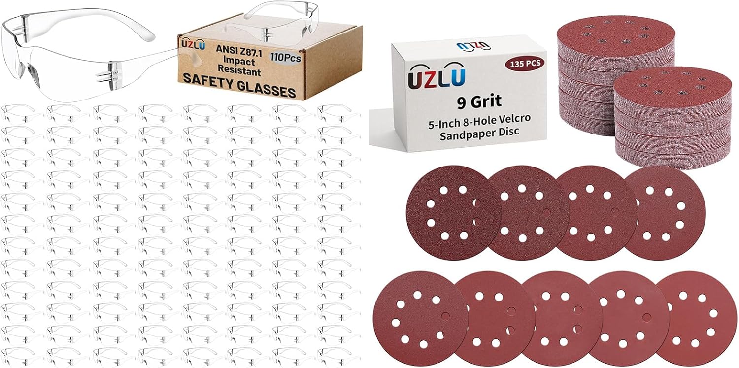 110 PCS Clear Safety Glasses Bulk for Men Women ANSI Z87.1 + 135 PCS 5 Inch Sanding Discs, 8-Hole Round Hook and Loop Sanding Pads 9 Grades Include 40 60 80 120 150 220 320 400 600 Grit