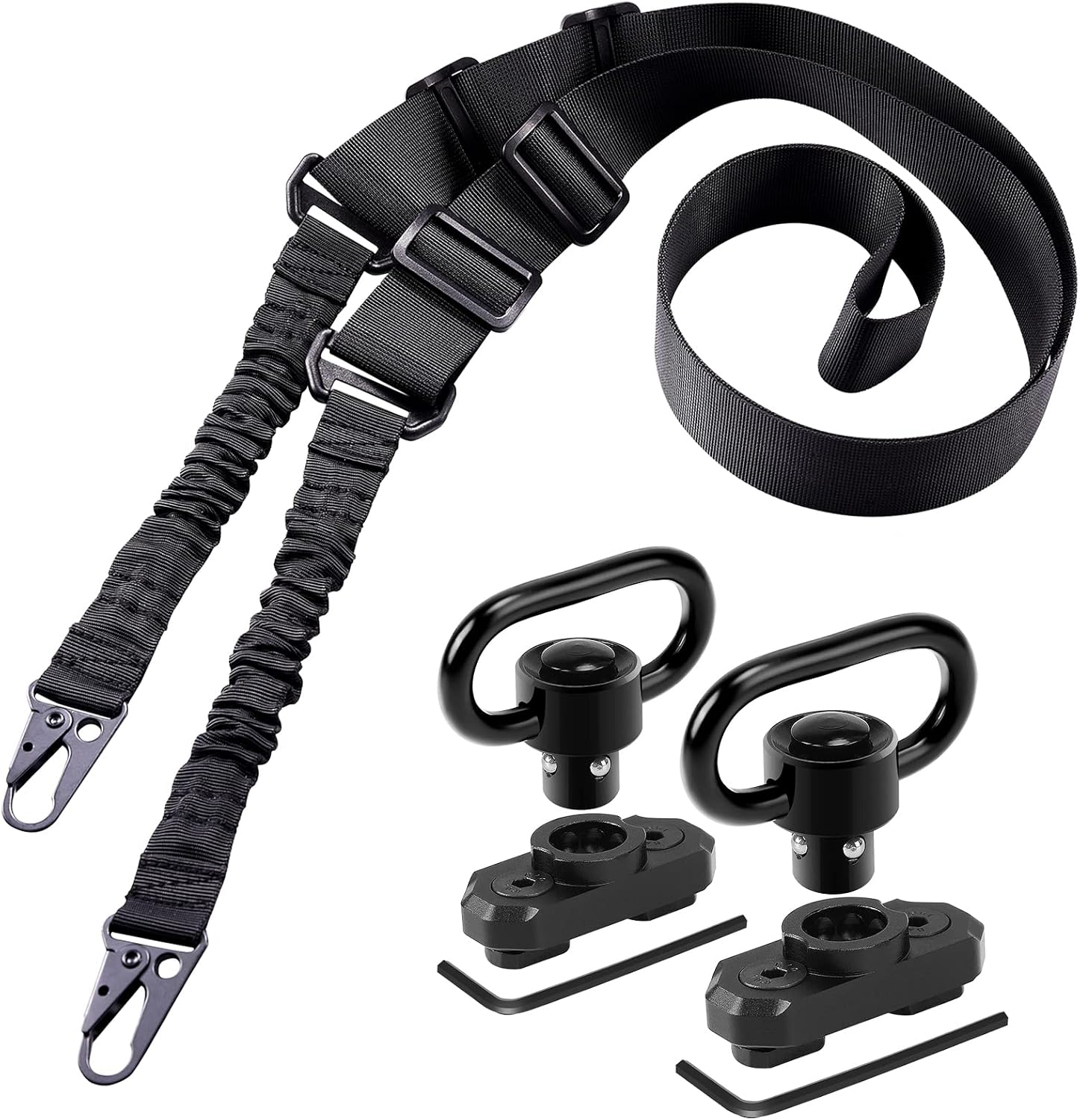 REERON Two Point Traditional Sling with Mounts - Adjustable Extra Long Two Point Traditional Sling with 2 Pack 1.25" QD Sling Rail Swivel Mounts for Mlock