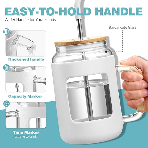 Miniatura 4 de VOKOVO Vaso de vidrio de 40 onzas con tapa de bambú y pajilla botellas de agua de vidrio con marcador de tiempo taza de café helado con asa dos