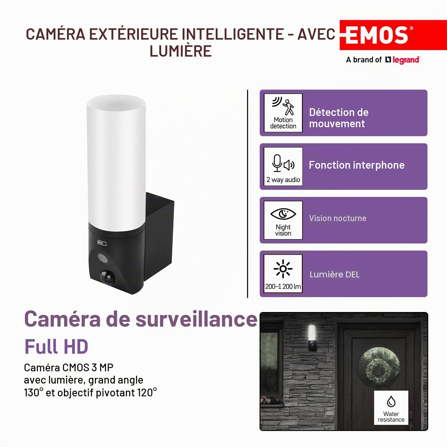 EMOS GoSmart Caméra de Surveillance d'extérieur avec WiFi et Application + Lampe LED 1200 LM Caméra IP rotative 3 MP avec lumière Compatible avec Alexa, Google Assistant, sans piège ABO, Noir