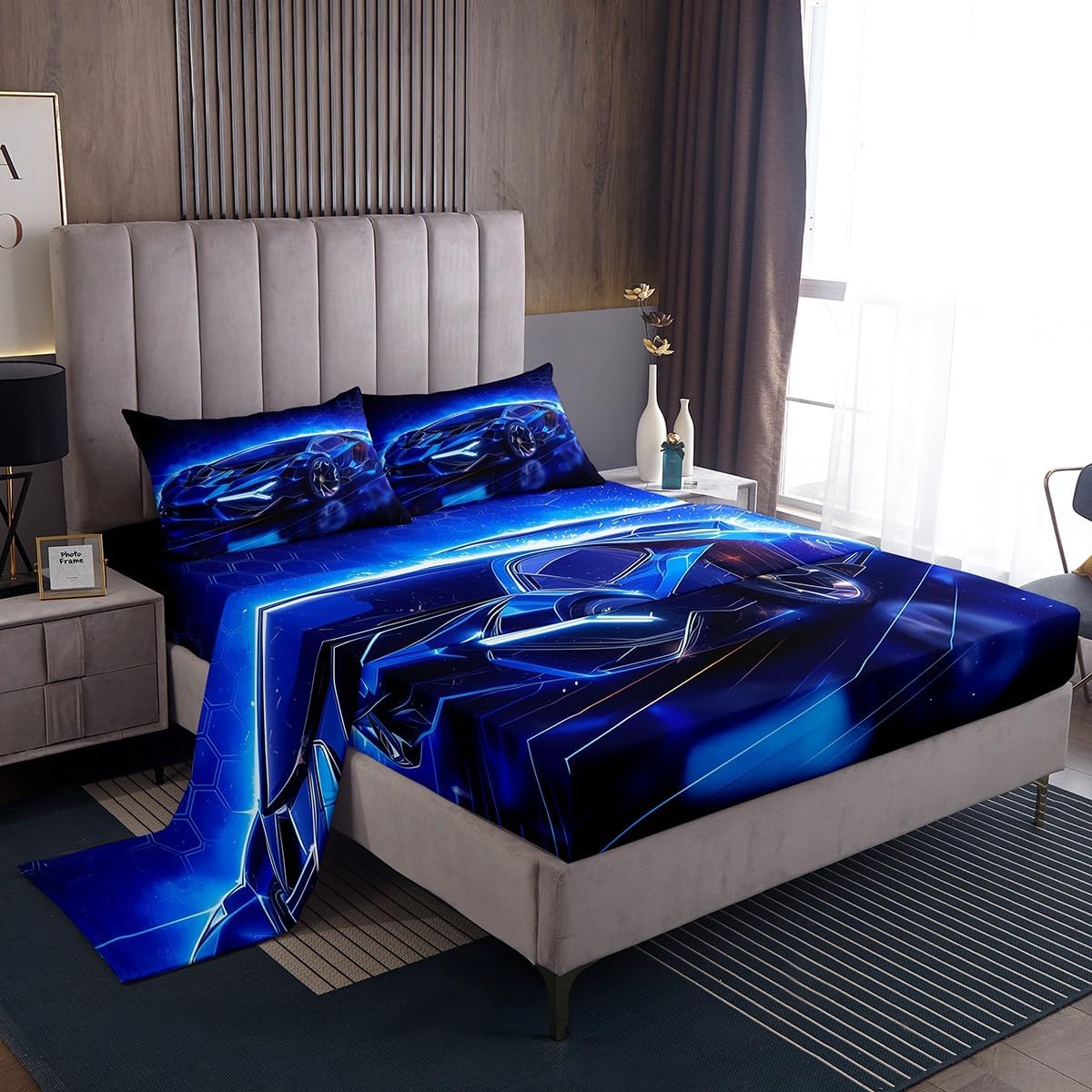 Feelyou Kids Boys Sports Car Bedding Set Twin Size Blue Race Car Sheets for Kids Teens Boys Girls Extreme Sports Theme Bed Sheets Speed Luxury Car Sheets Set,1 Fitted Sheet+1 Pillow Sham+1 Flat Sheet