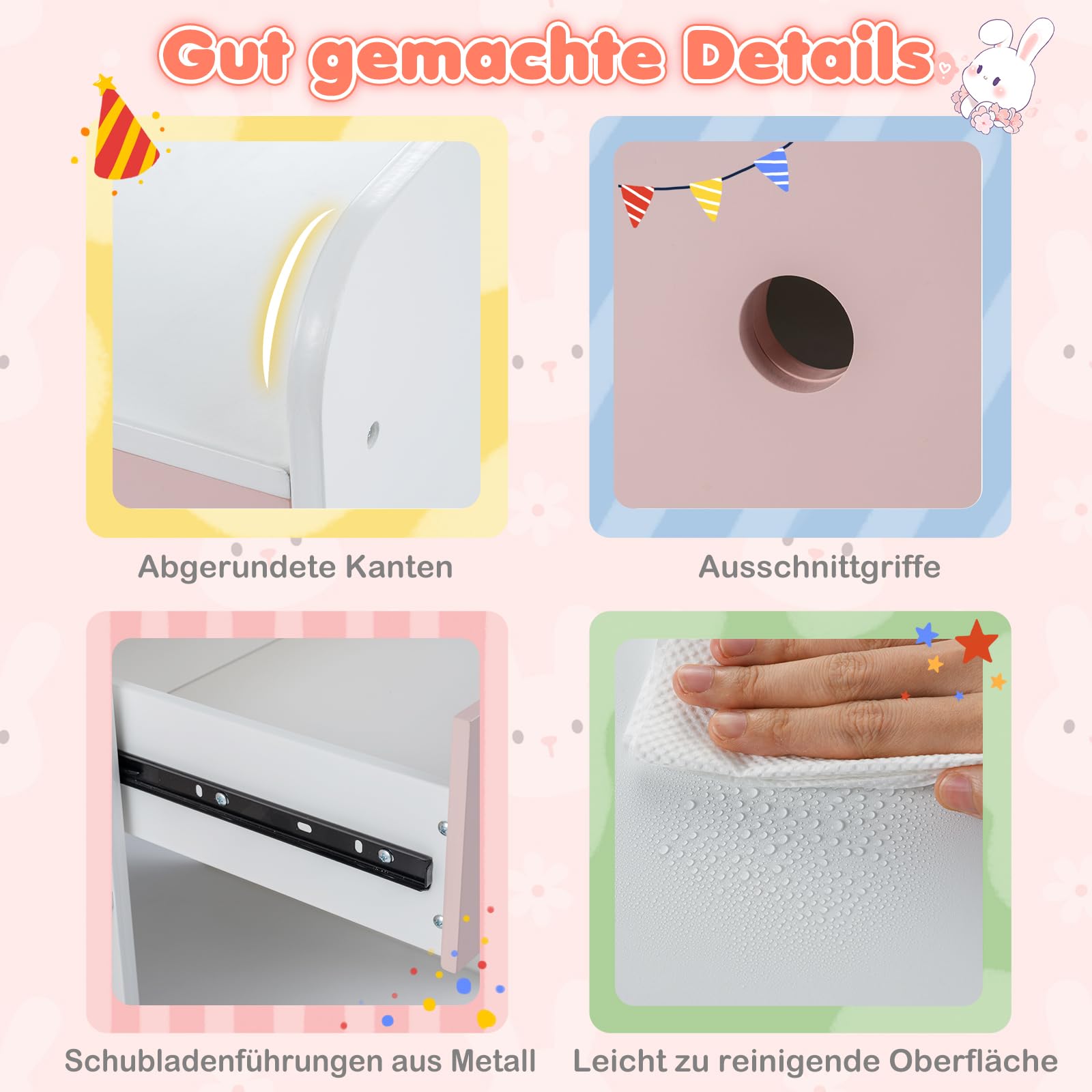 COSTWAY Kinder Schminktisch mit Beleuchtung, Frisiertisch mit bunten LED-Lichtern & Hocker, Kinderschminktisch mit 2 Schubladen, offenen Fächern, Kosmetiktisch für Mädchen ab 3 Jahren (Weiß+Rosa)