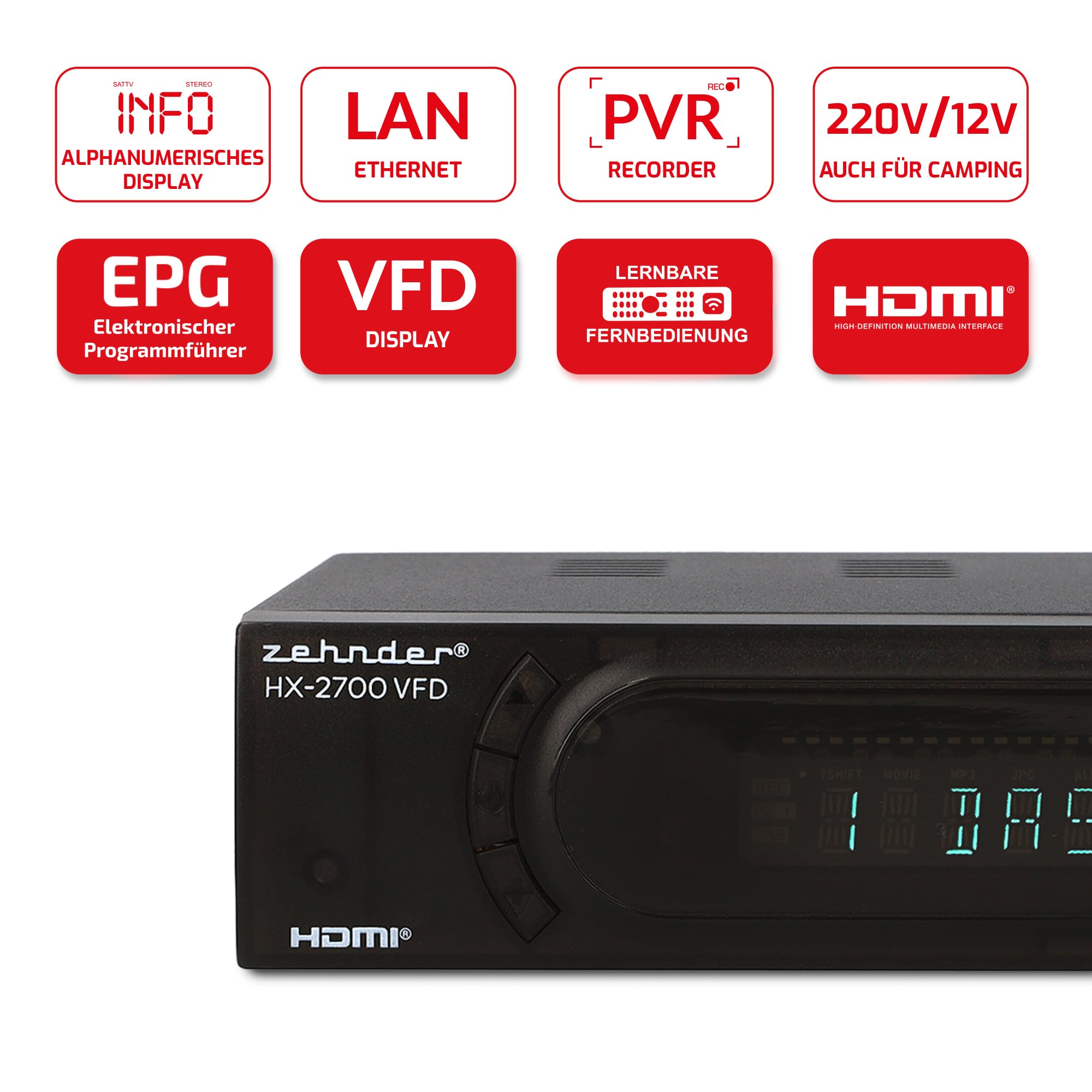 [ Test SEHR GUT, Note 1.1 *] Zehnder HD 2700 VFD HYBRID DVBC Kabel-Receiver & DVBT2 Receiver mit Aufnahmefunktion, DVB-C Reciver & Reciever für DVB-T, DVBT & DVB-T2, Kabelreceiver & DVB T Receiver