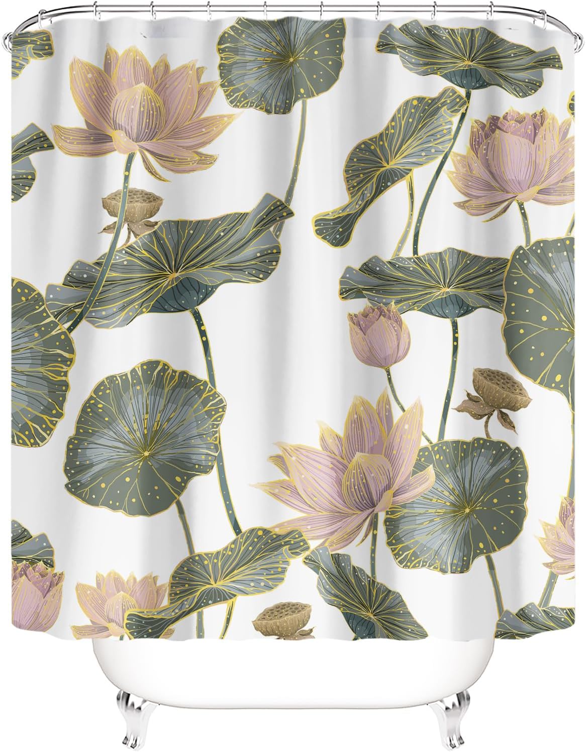 Bathroom Shower Curtains 4 Sets, Waterproof Fabric Bathroom Curtain with 12 Hooks, Toilet Lid Cover and Bath Mat, Non-Slip Rug Foot Mat, Lotus Flower, Large