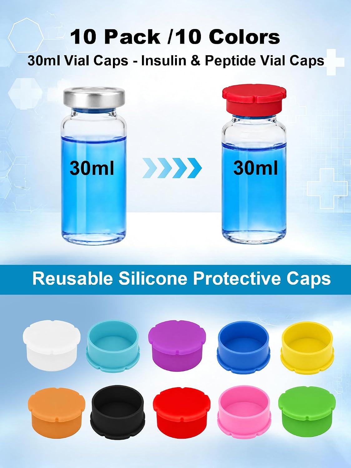 10PCS 30ml Vial Caps, Peptide Vial Caps for Peptide Storage, 10-Color
