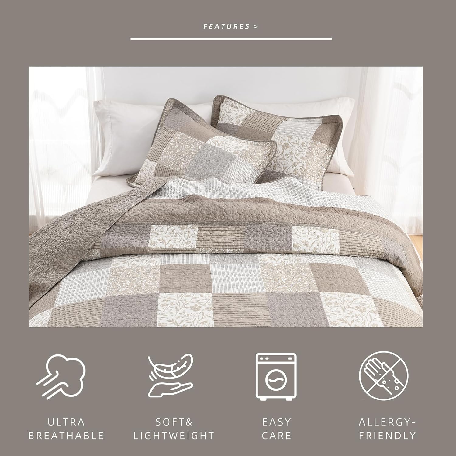 100% Cotton Oversized California King Bedspread 120"x120" Extra Wide Quilt - 3 Pieces Farmhouse Patchwork Plaid Bedspread Set, Lightweight Reversible Bedding Coverlet Set, Brown/Gray/Beige