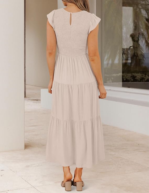 ZESICA Women's 2026 Summer Casual Flutter Short Sleeve Crew Neck Smocked Elastic Waist Tiered Midi Dress