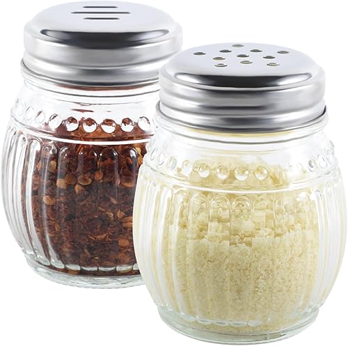 Juego de 2 pompones de queso y pimentero, cocteleros de especias de vidrio de 6 onzas con parte superior perforada y ranurada (transparente)