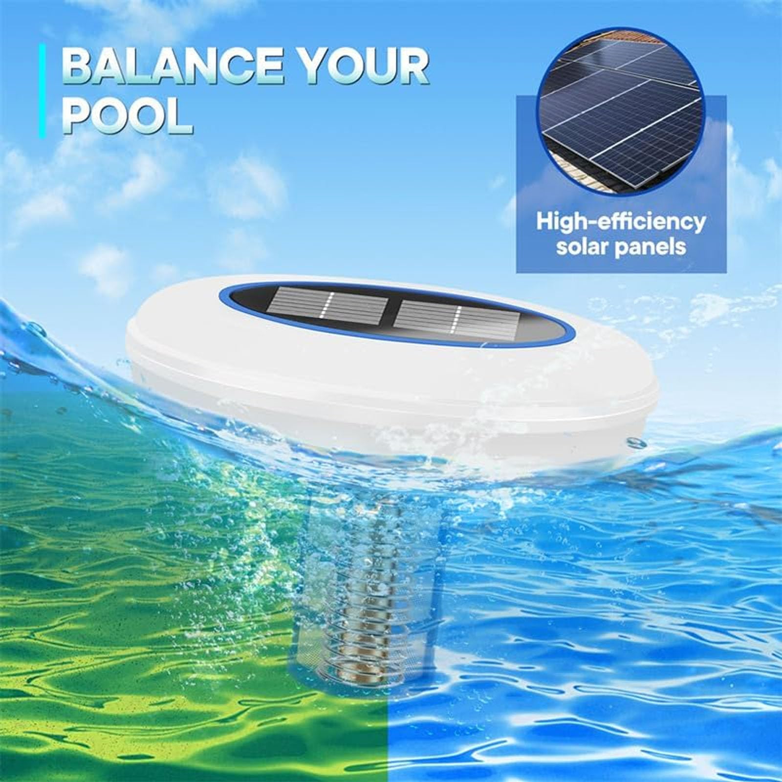 Ionizzatore solare per piscina, ionizzatore a LED in rame a 7 colori, detergente ad energia solare per piscine, fino a 85000 l, prestazioni stabili e nucleo in rame resistente, per piscine fuori terra