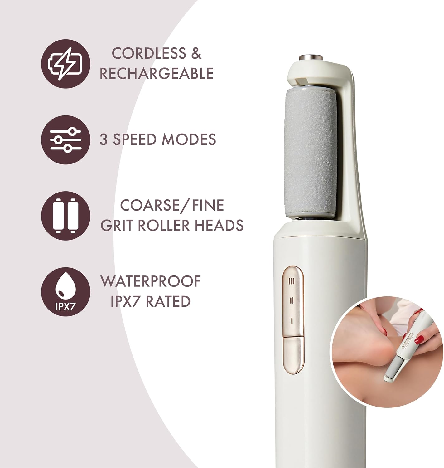 Electric Foot File Callus Remover, Cordless Rechargeable Pedicure Tool with Coarse & Fine Roller Heads, 3 Speed Modes, IPX7 Waterproof, USB Fast Charging, Portable Foot Care Kit