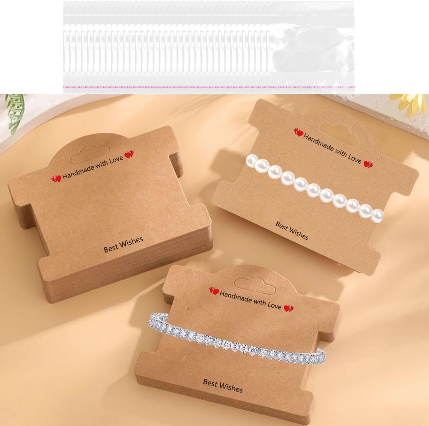 100Set Jewelry Display Cards, Bracelet Display Cards with Clear Bags for Small Business of Hair Ties, Bracelet, Necklace, Hair Scrunchies (Brown)