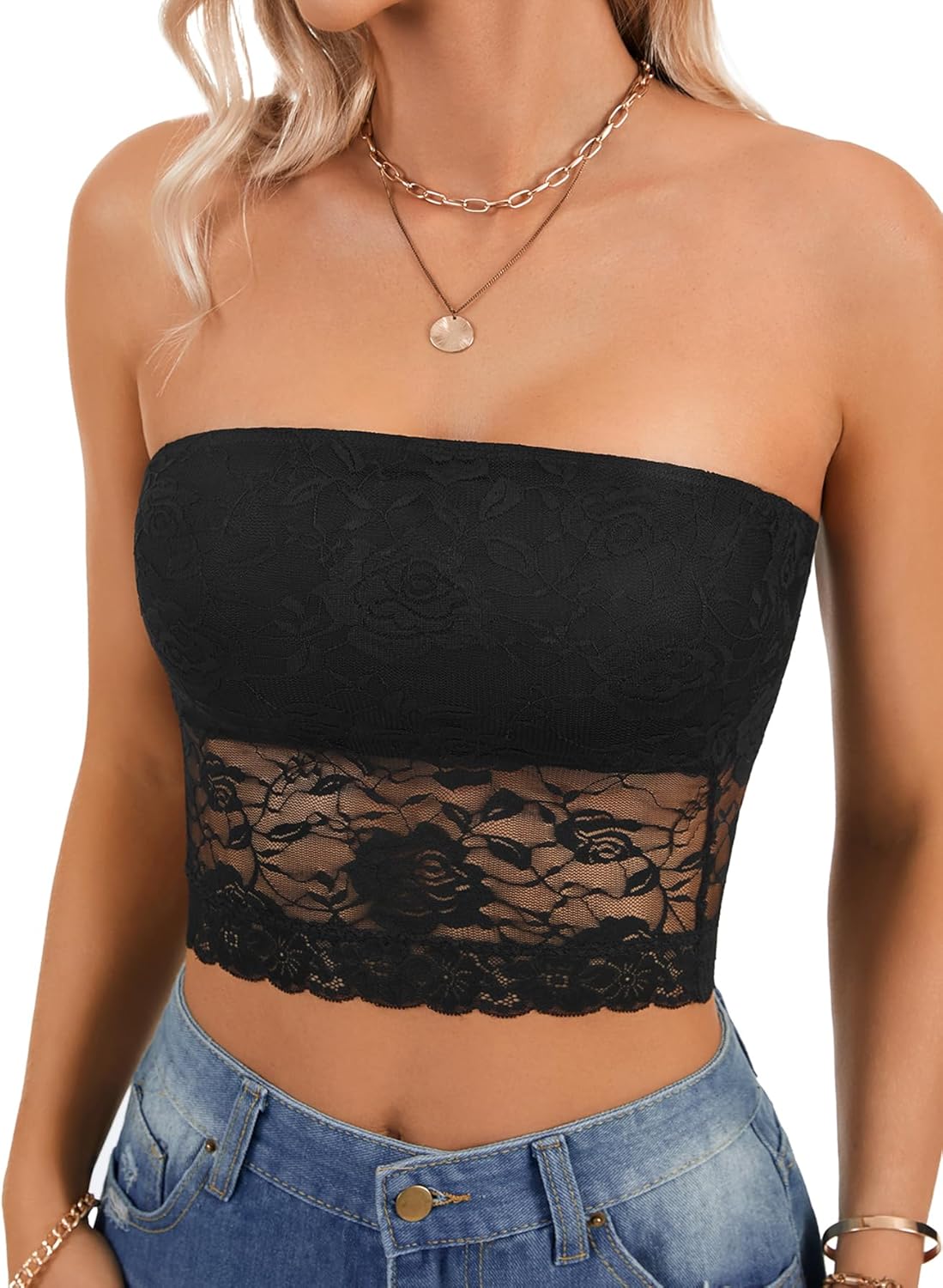 Vrtige Women's Summer Y2k Lace Sheer Tube Top Strapless Scallop Hem Crop Bandeau Tops - Image 4