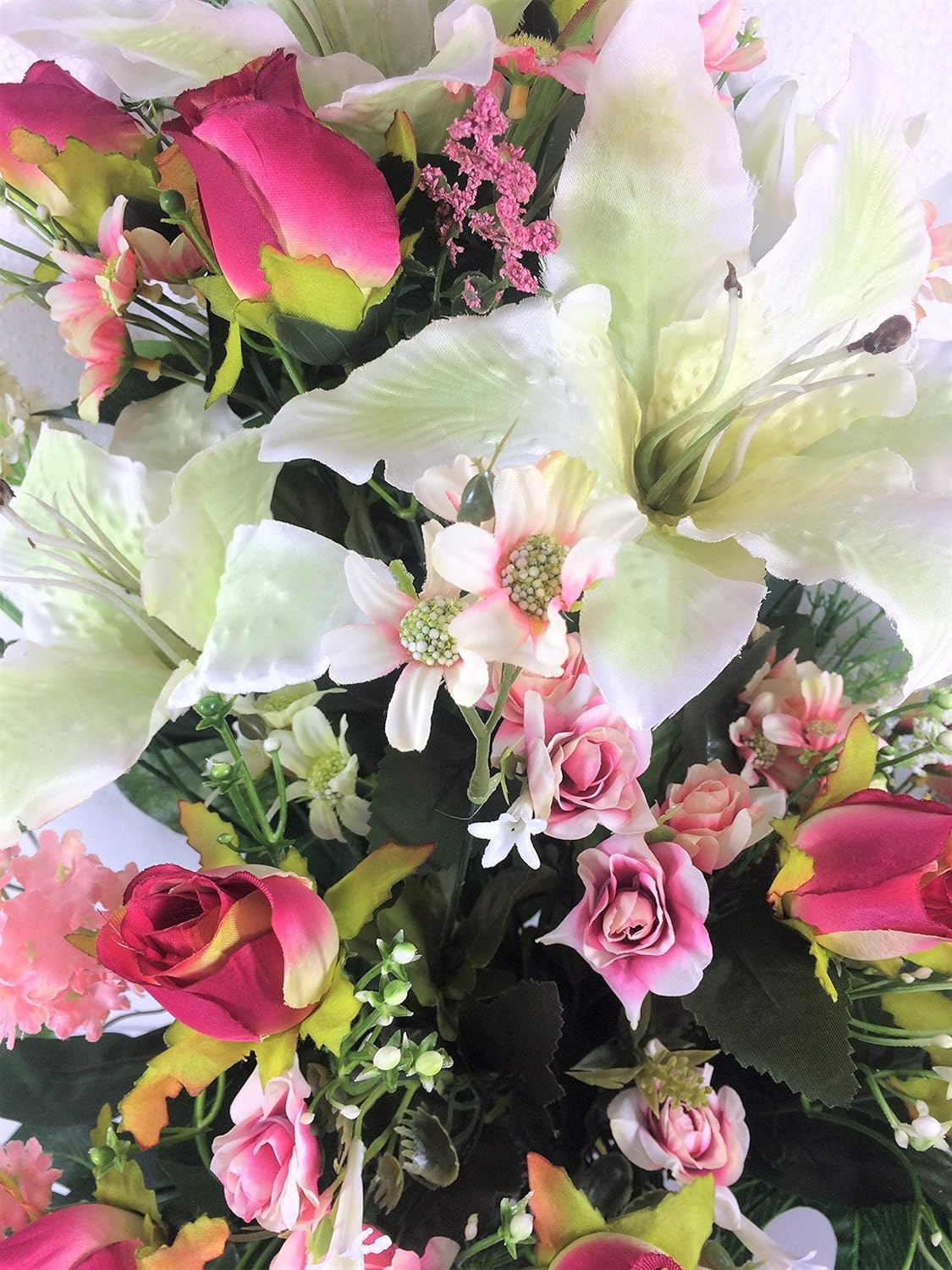 LBA Centro de Flores Artificiales para Cementerio, Preparado para Introducir en los Botes de Tumbas o Nichos. Varios Modelos. (Blanco y Rosa)