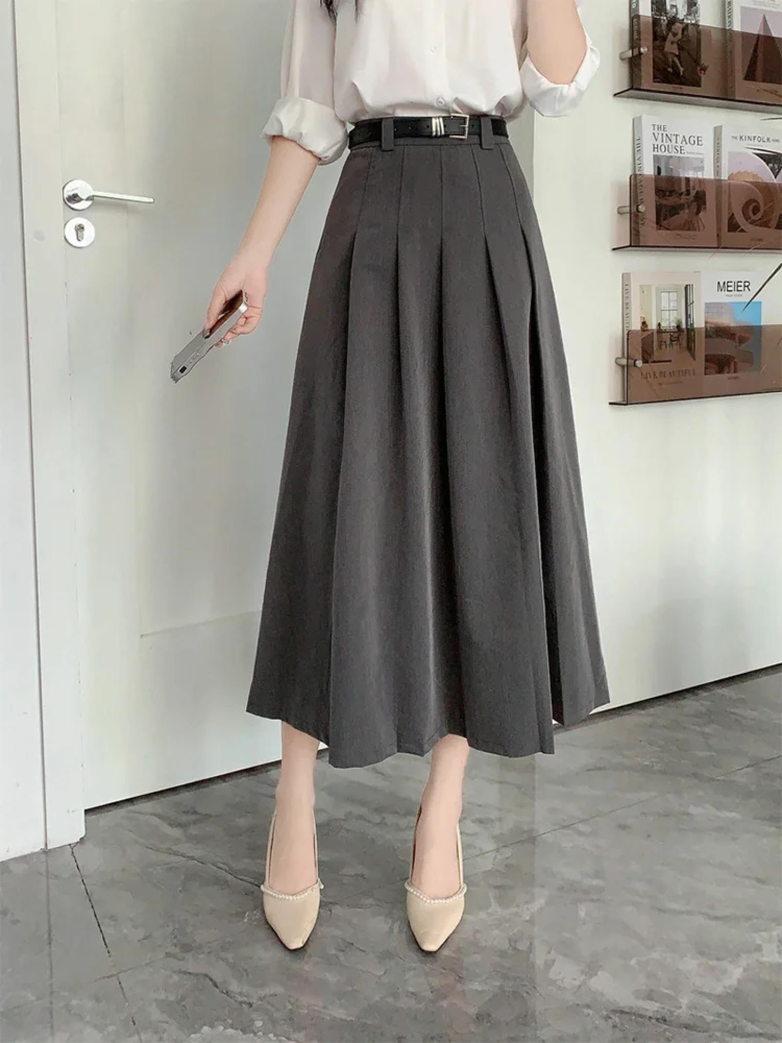 Faldas De Tubo Mujer Falda Larga Plisada Vintage De Las Mujeres con Cinturón Moda Cintura Alta Cremallera Lateral Formal Oficina Una Línea Faldas