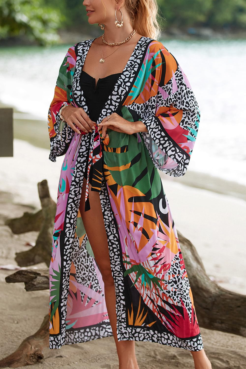 Damski kardigan w stylu boho, sukienka maxi, plażowa, okrycie, długie kimono, Robs One Size