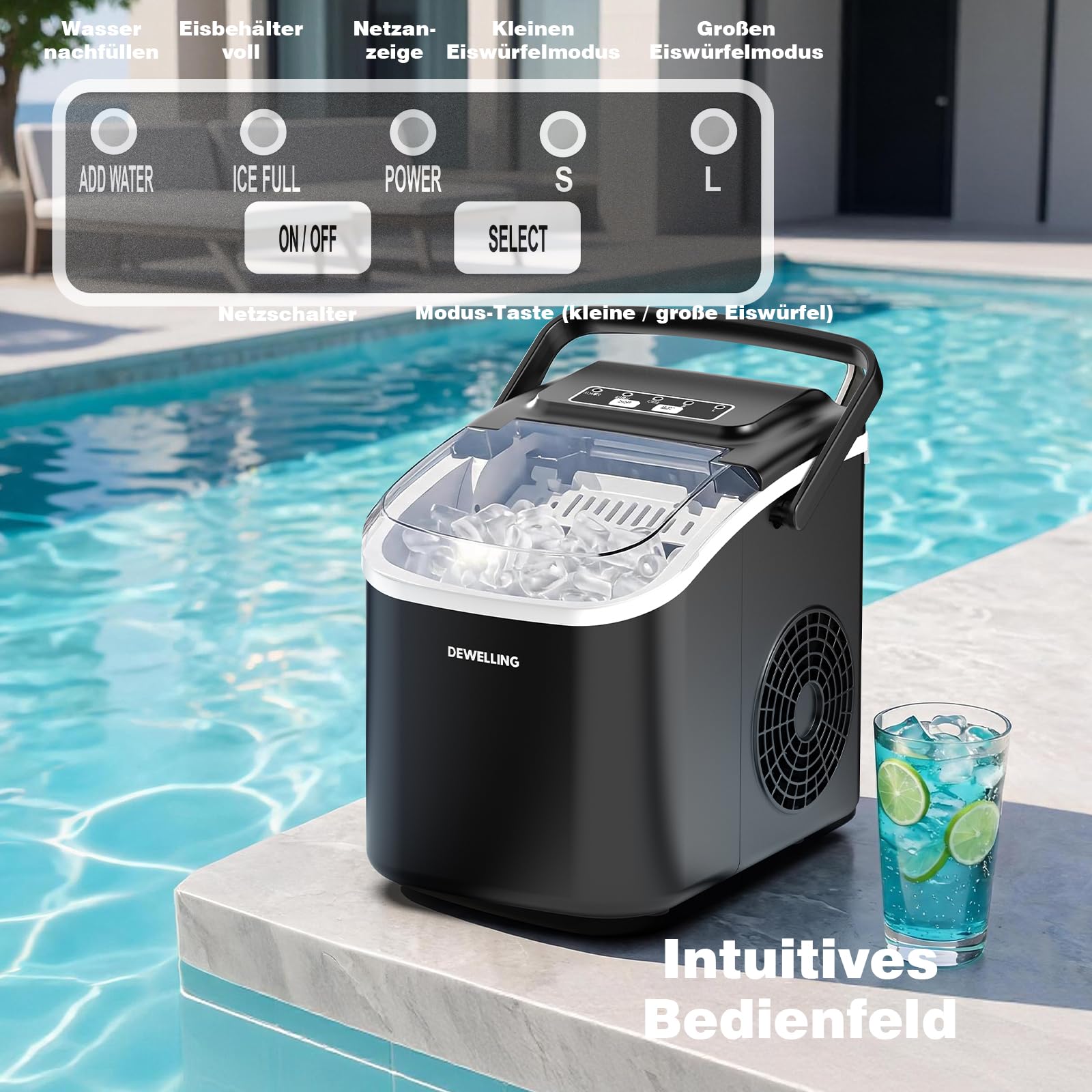 Máquina de cubitos de hielo – 8 cubitos de hielo en 6 minutos (12 kg/24 h), autolimpieza y silenciosa, 2 tamaños de cubitos de hielo, máquina de hielo portátil para cocina, fiesta, camping y