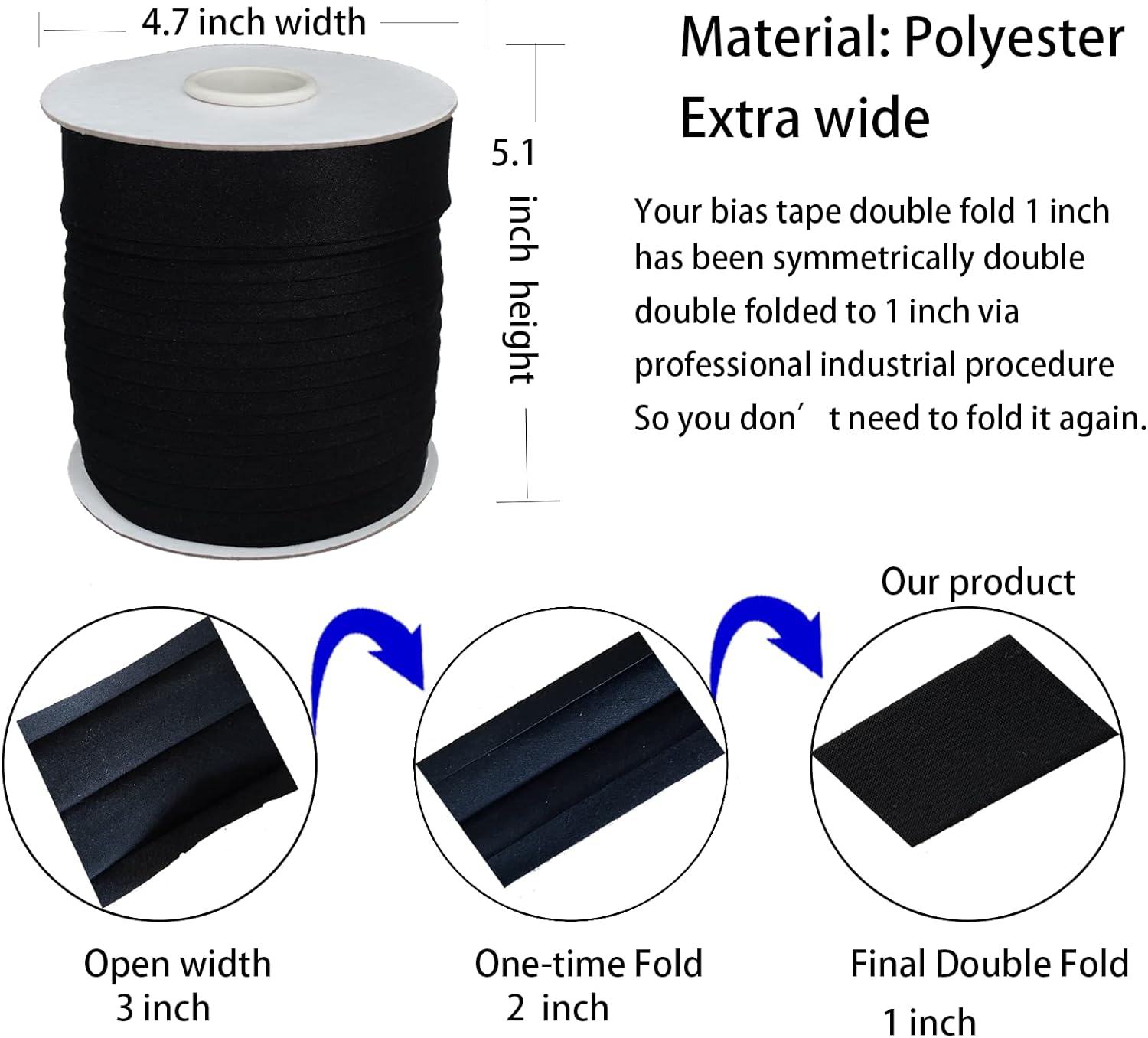 Tewadoo Bias Tape Double Fold 1 Inch Extra Wide - Black 55 Yards Polyester Binding Tape for Sewing, Quilt Binding, Hemming, Seaming and Fabric Piping