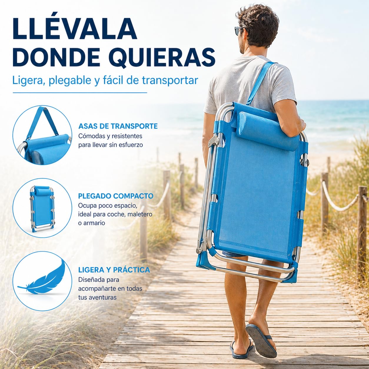 TIENDA EURASIA Pack 2 Sillas de Playa Plegables, Reclinables con 4 Posiciones, Refuerzo Antivuelco en Patas, Reposacabezas, Textileno, Azul Turquesa, 48x62x85 cm